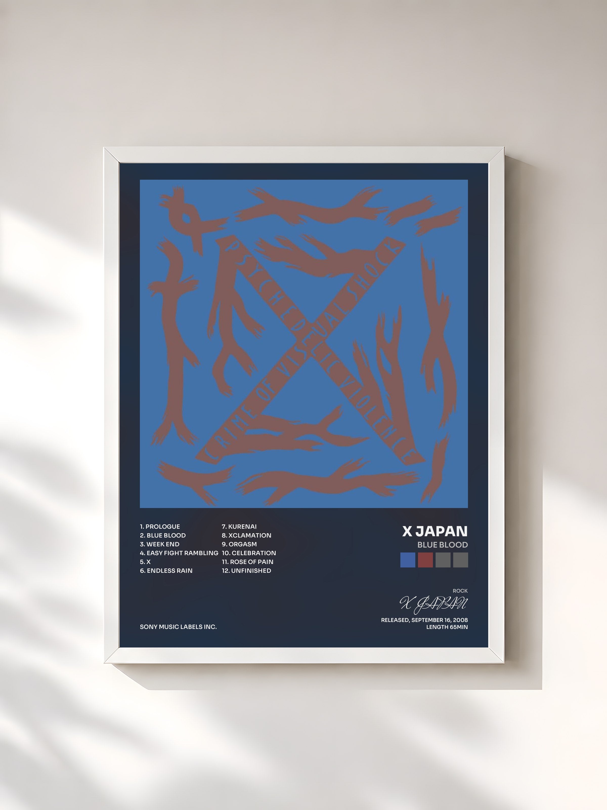 #blanc Tableau de l'album Blue Blood de X JAPAN, cadre blanc, imprimé et encadré en France