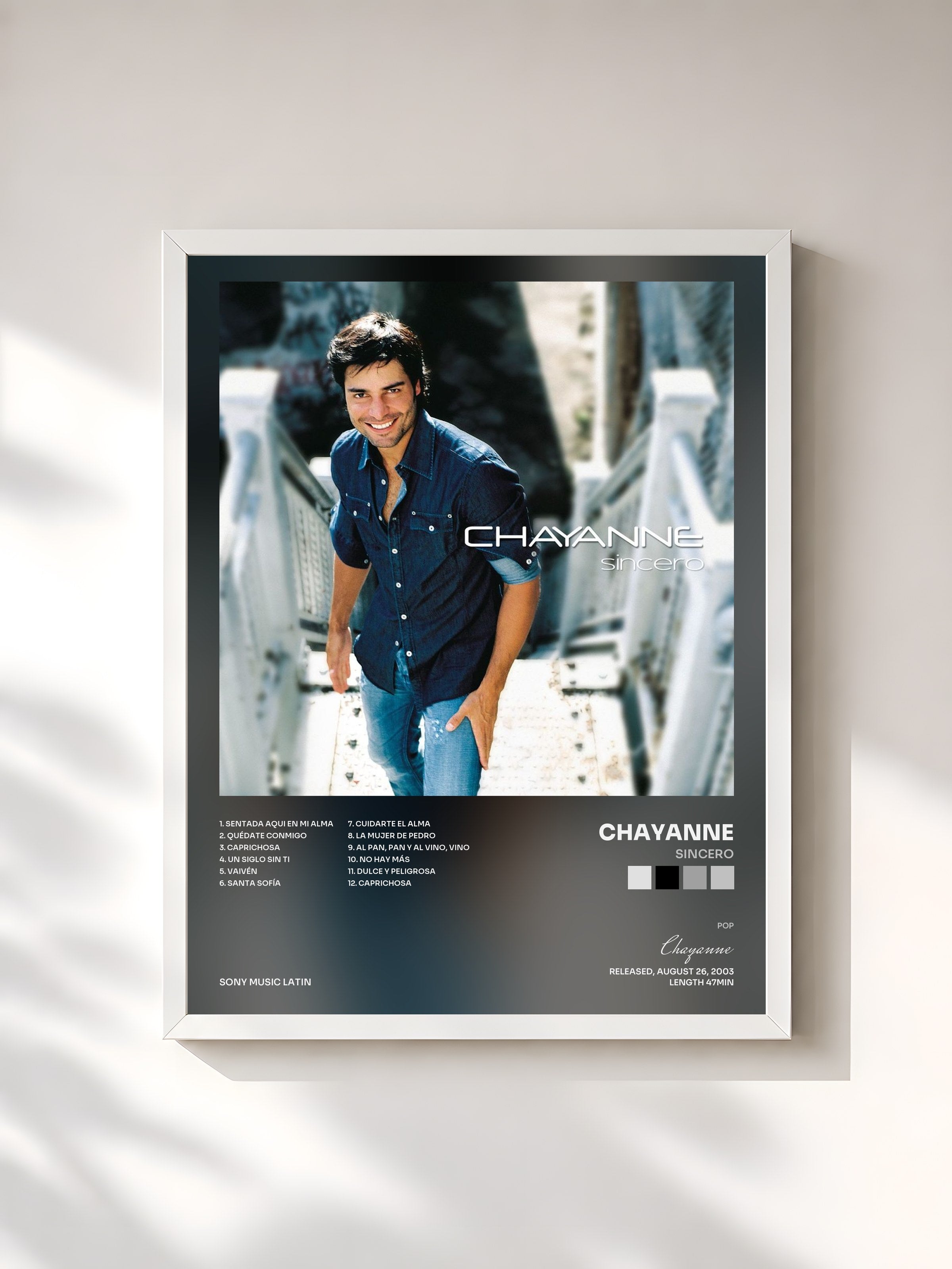 #blanc Tableau de l'album Sincero de Chayanne, cadre blanc, imprimé et encadré en France