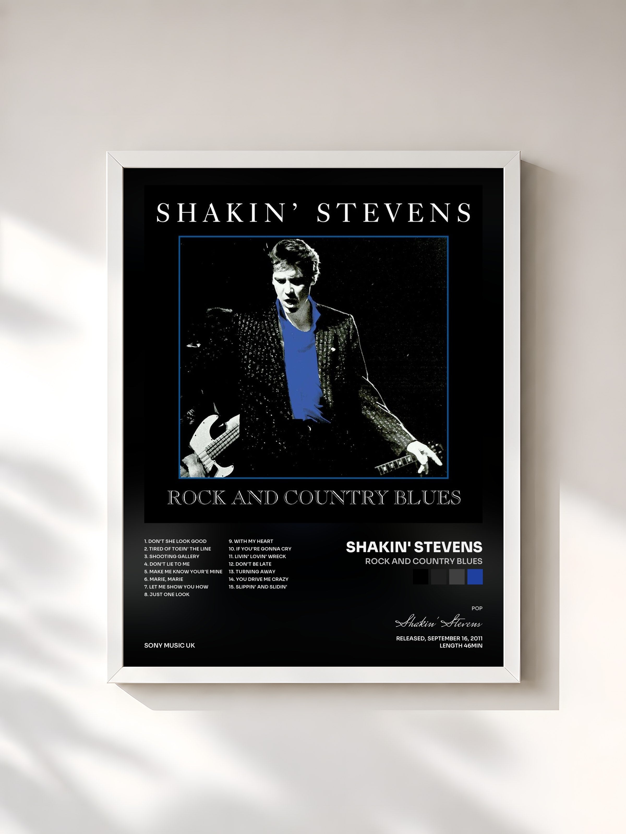 #blanc Tableau de l'album Rock and Country Blues de Shakin' Stevens, cadre blanc, imprimé et encadré en France
