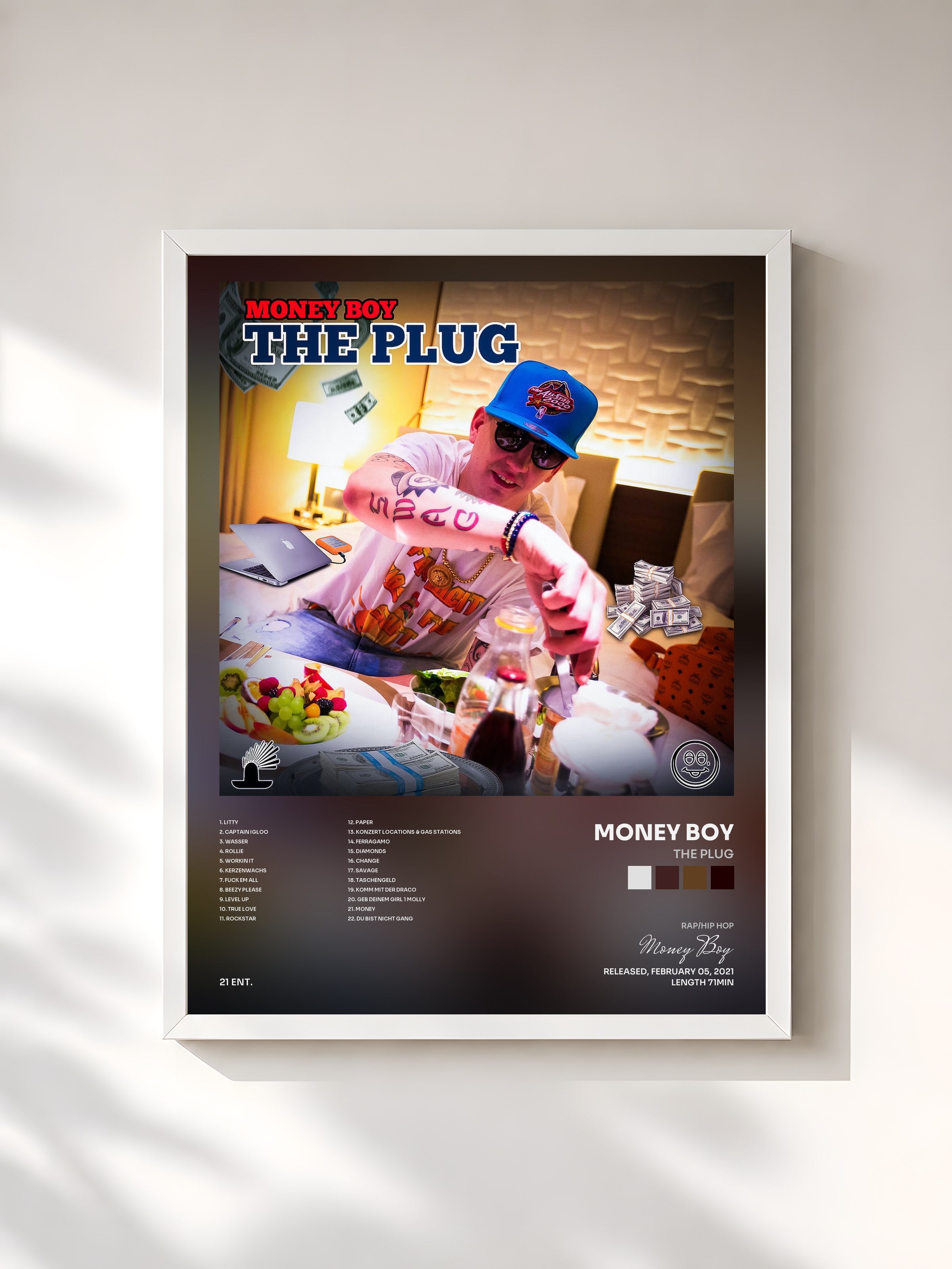 #blanc Tableau de l'album The Plug de Money Boy, cadre blanc, imprimé et encadré en France