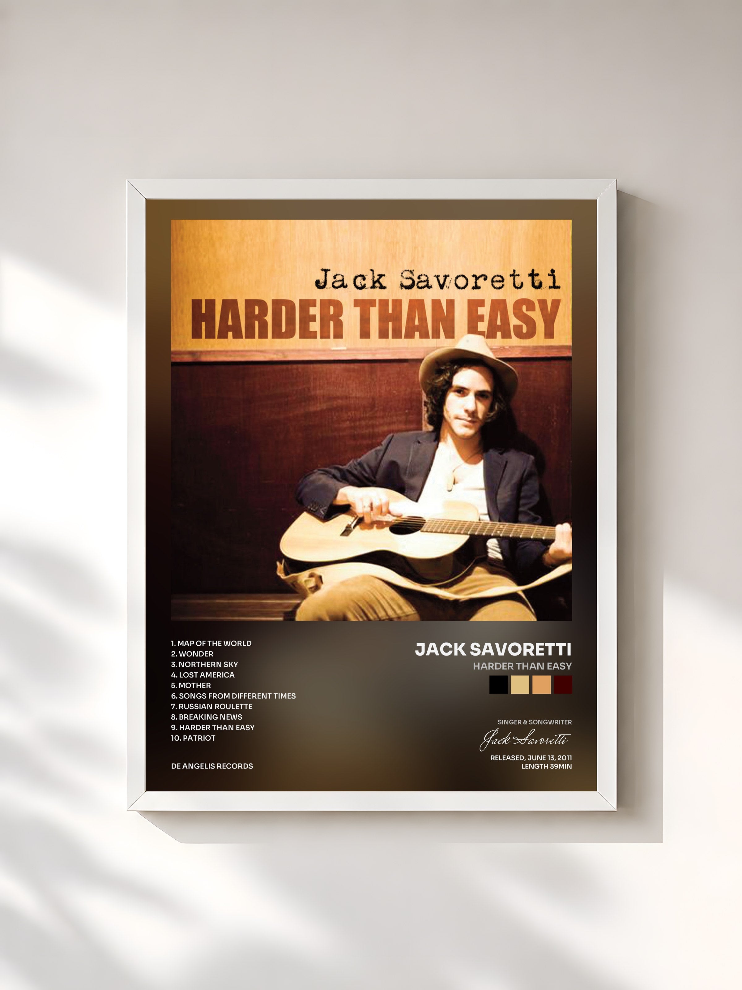#blanc Tableau de l'album Harder Than Easy de Jack Savoretti, cadre blanc, imprimé et encadré en France