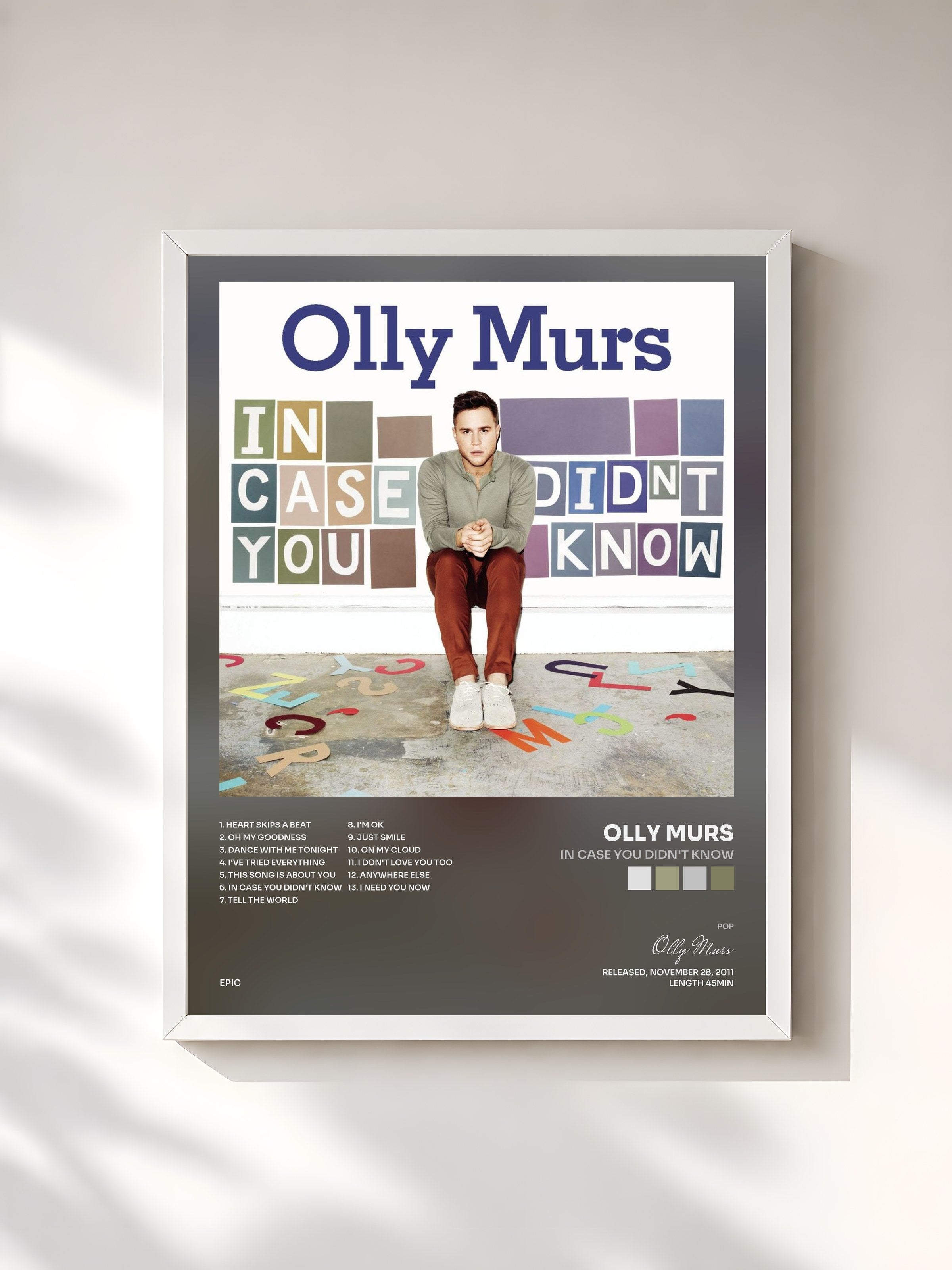 #blanc Tableau de l'album In Case You Didn't Know de Olly Murs, cadre blanc, imprimé et encadré en France