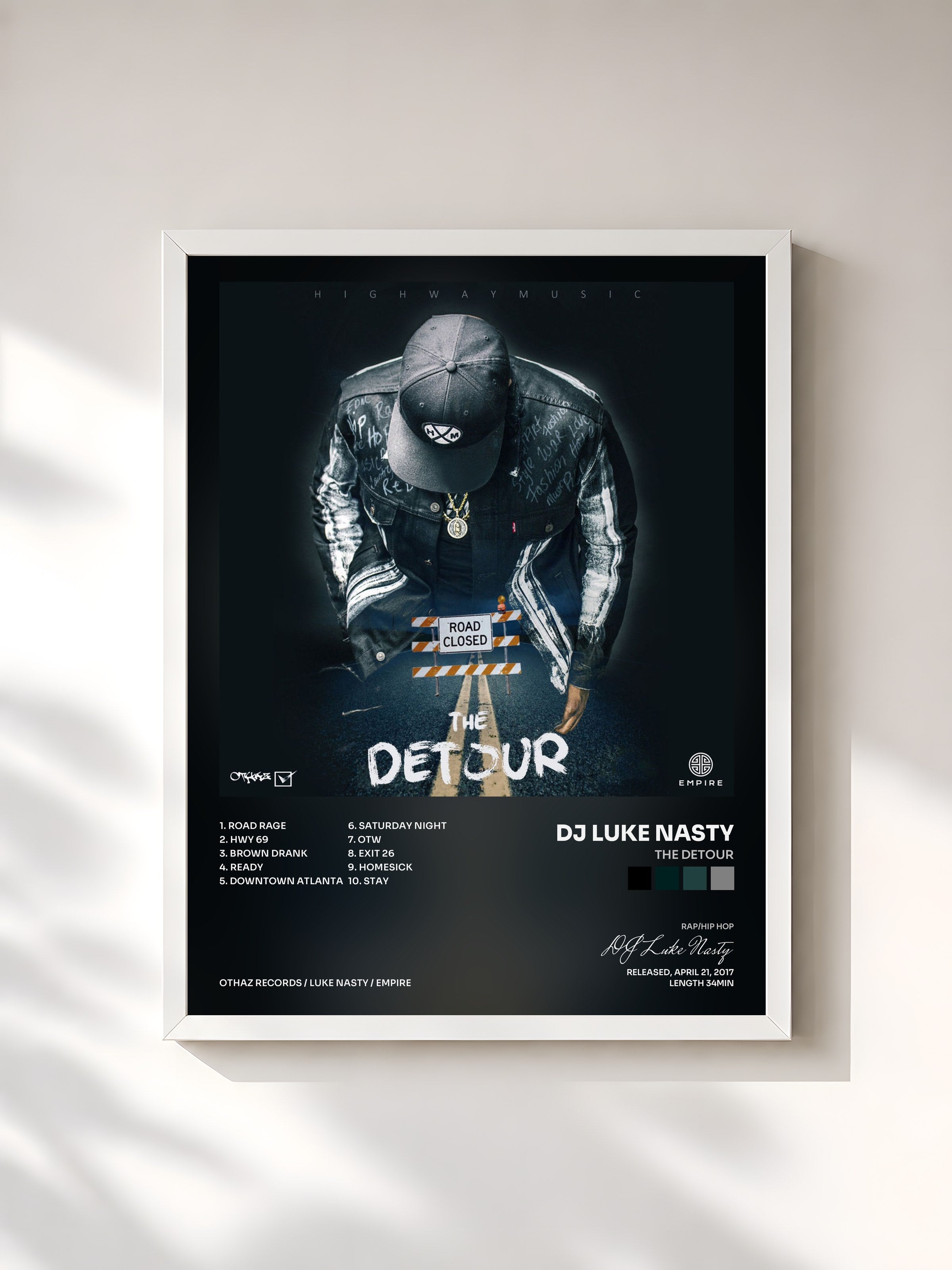 #blanc Tableau de l'album The Detour de DJ Luke Nasty, cadre blanc, imprimé et encadré en France