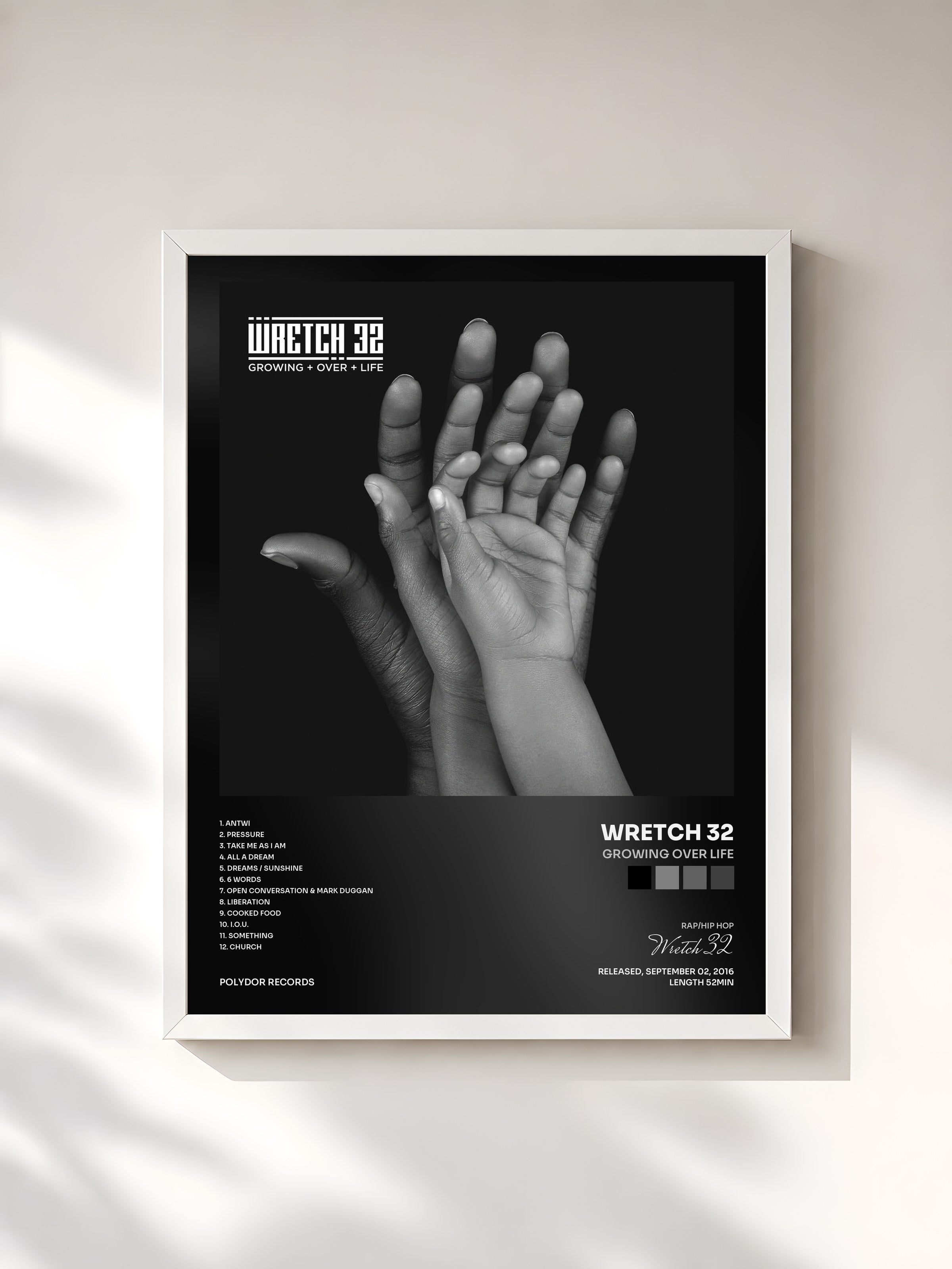 #blanc Tableau de l'album Growing Over Life de Wretch 32, cadre blanc, imprimé et encadré en France