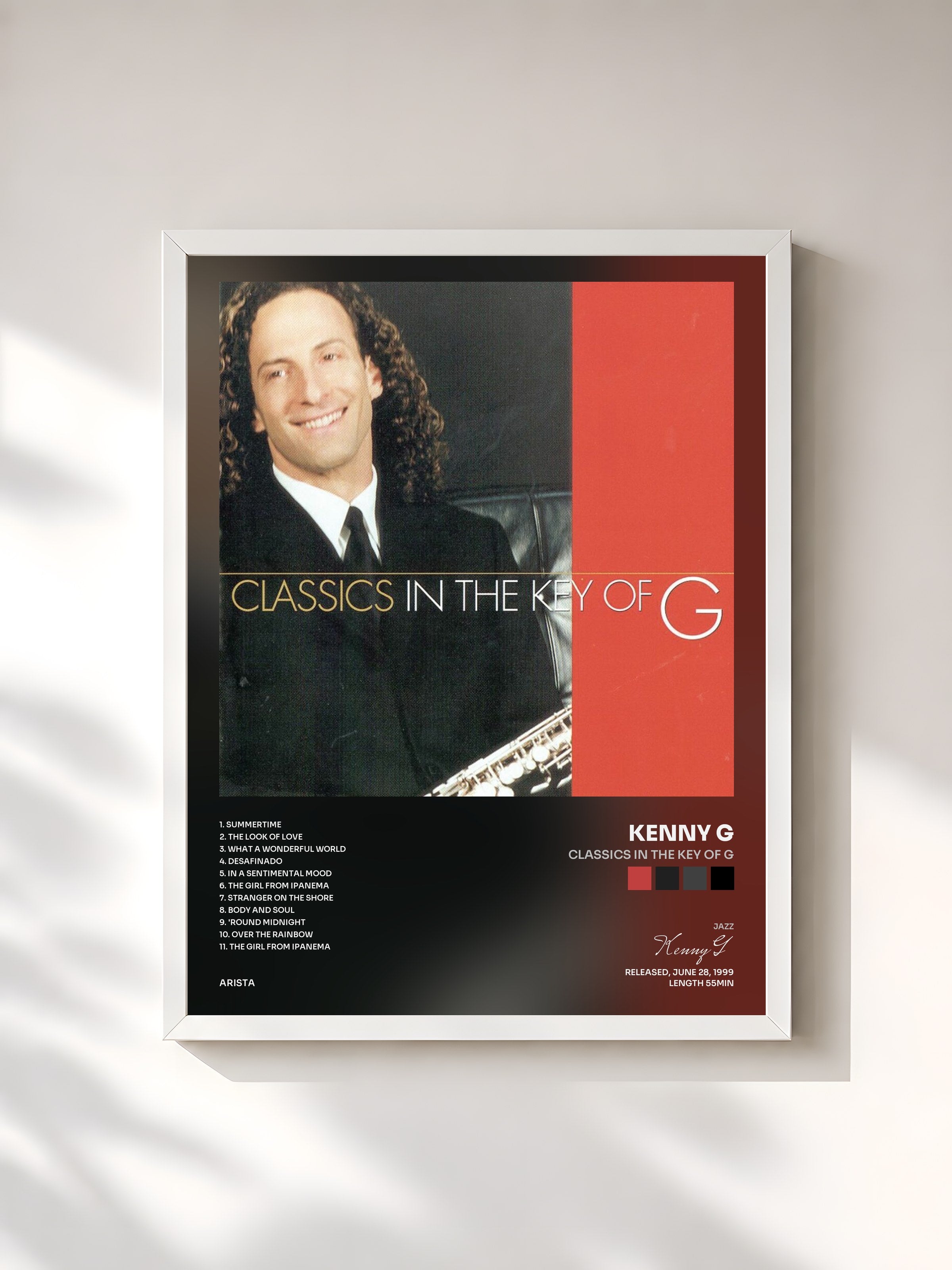 #blanc Tableau de l'album Classics In The Key Of G de Kenny G, cadre blanc, imprimé et encadré en France