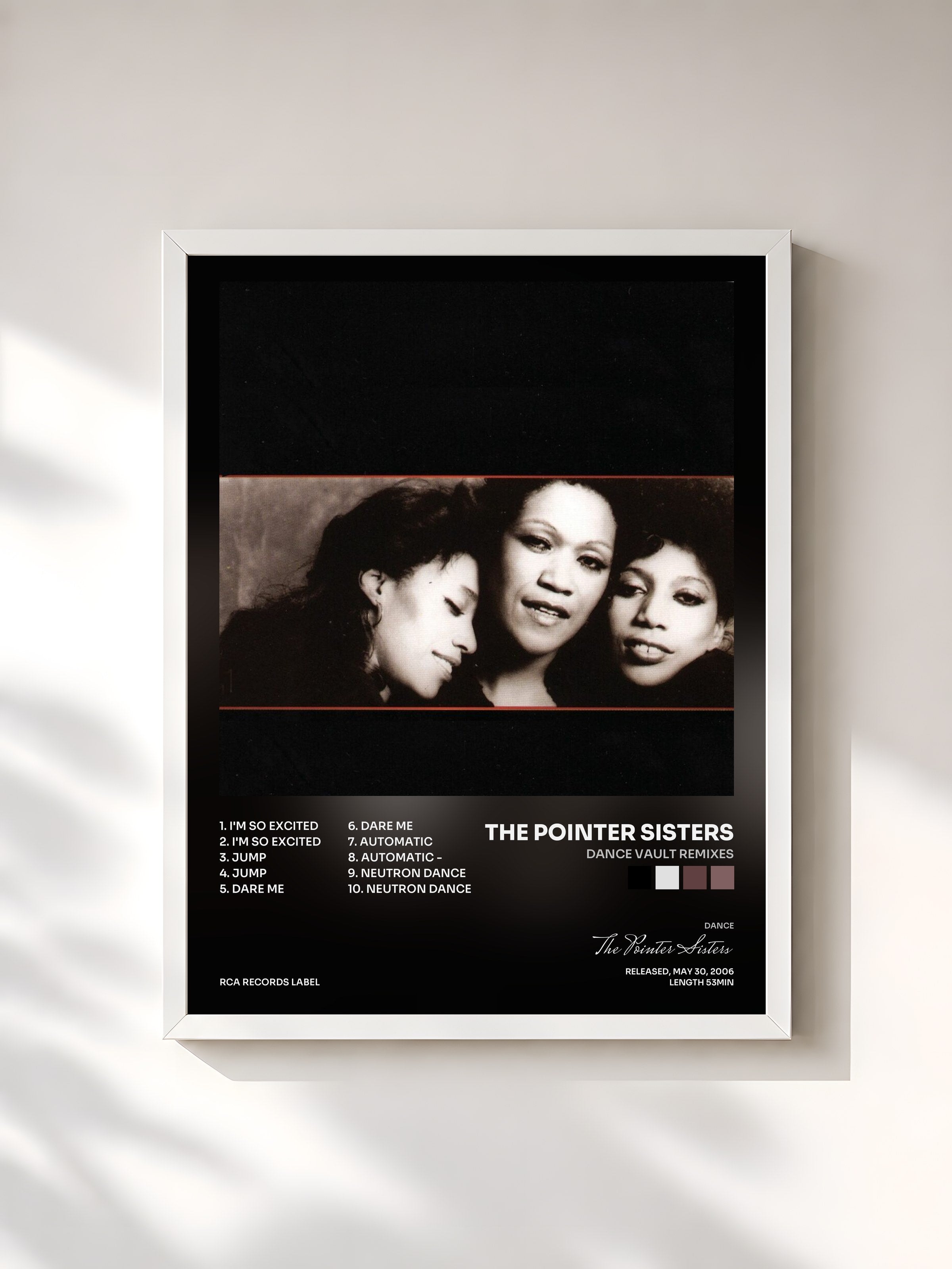 #blanc Tableau de l'album Dance Vault Remixes de The Pointer Sisters, cadre blanc, imprimé et encadré en France
