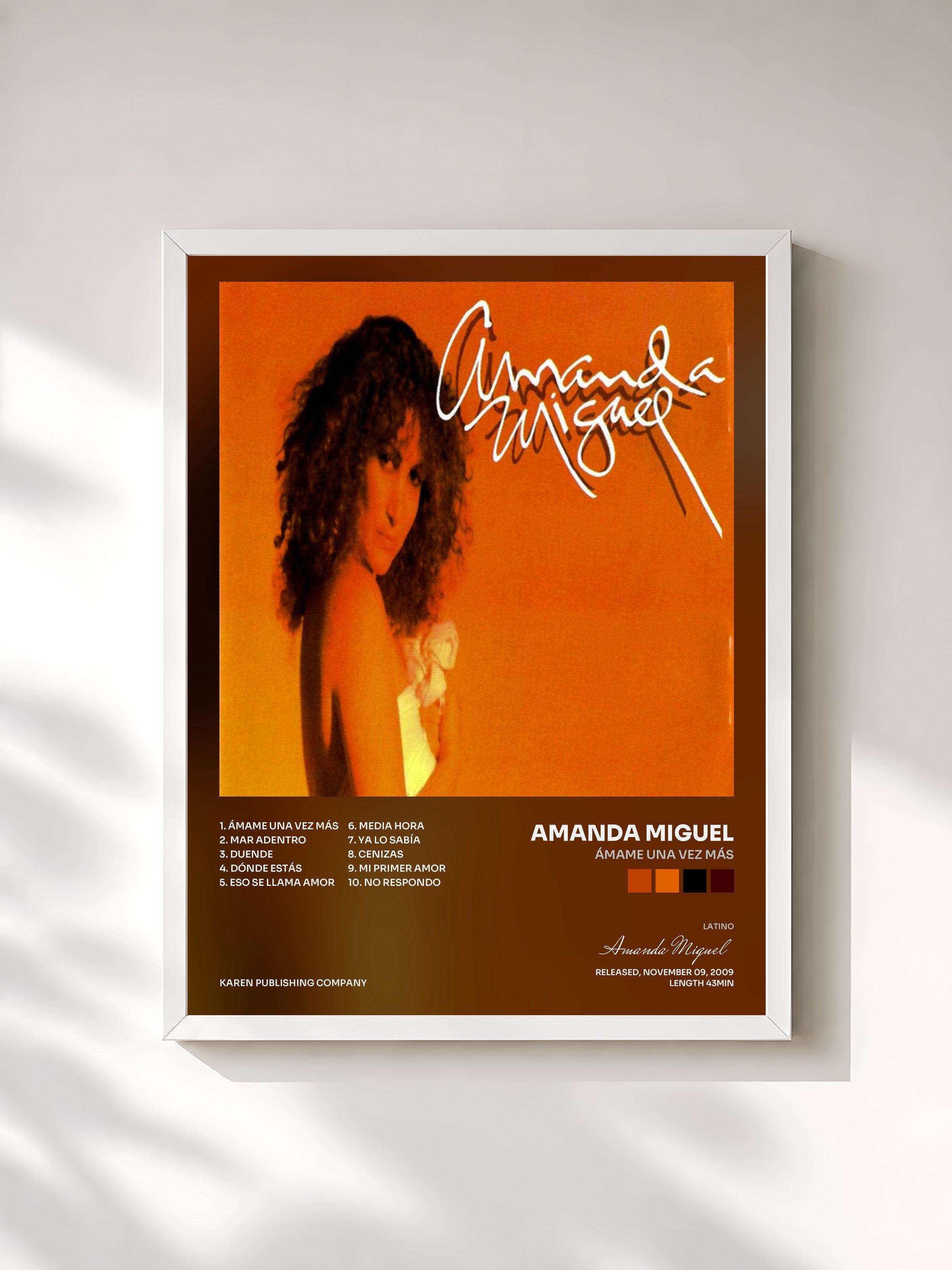 #blanc Tableau de l'album Ámame una Vez Más de Amanda Miguel, cadre blanc, imprimé et encadré en France