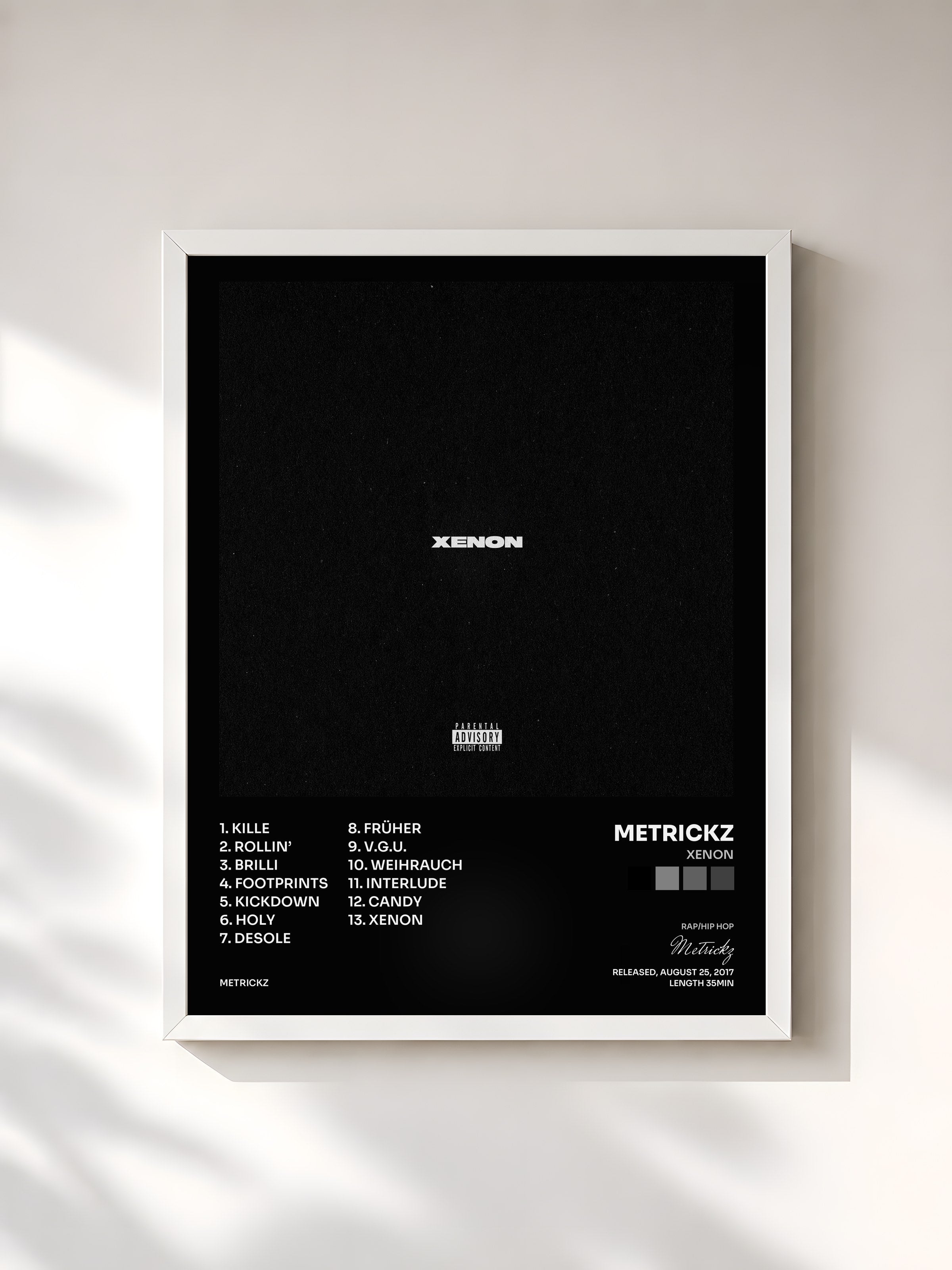 #blanc Tableau de l'album XENON de Metrickz, cadre blanc, imprimé et encadré en France