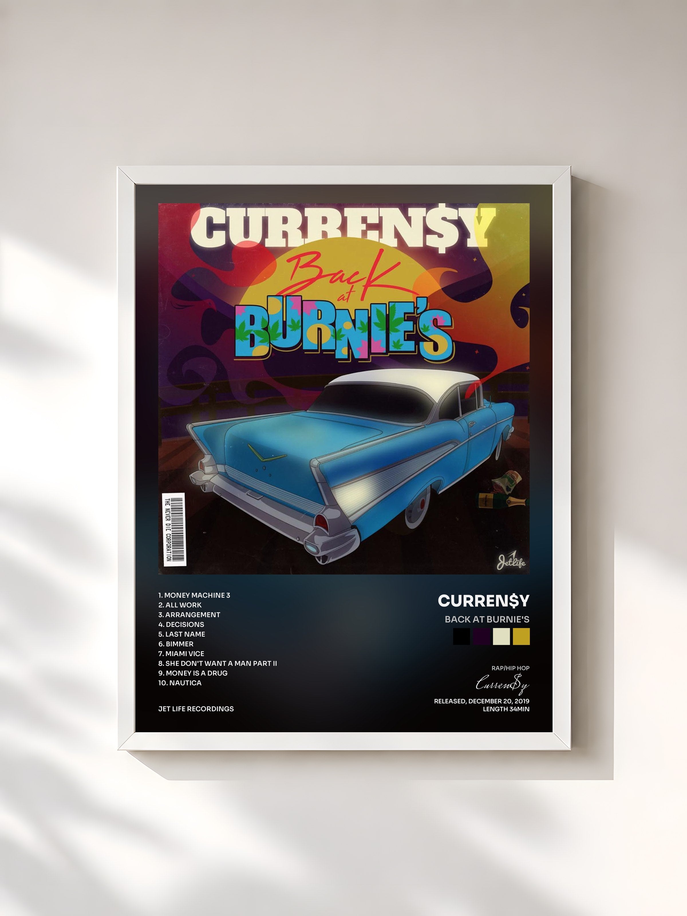 #blanc Tableau de l'album Back at Burnie's de Curren$y, cadre blanc, imprimé et encadré en France