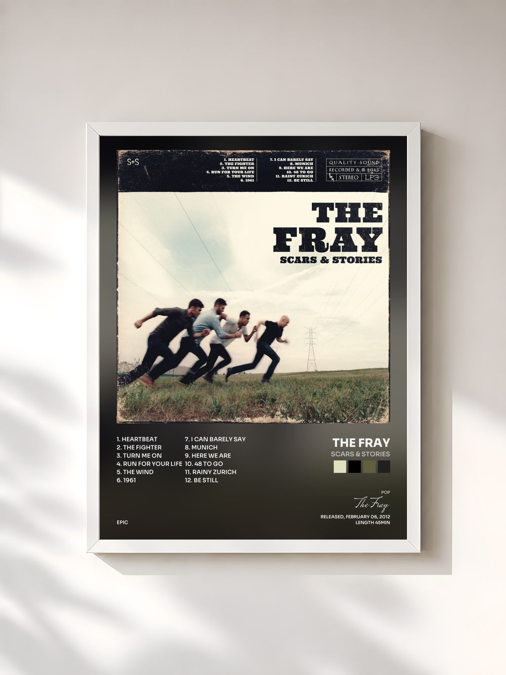 #blanc Tableau de l'album Scars & Stories de The Fray, cadre blanc, imprimé et encadré en France