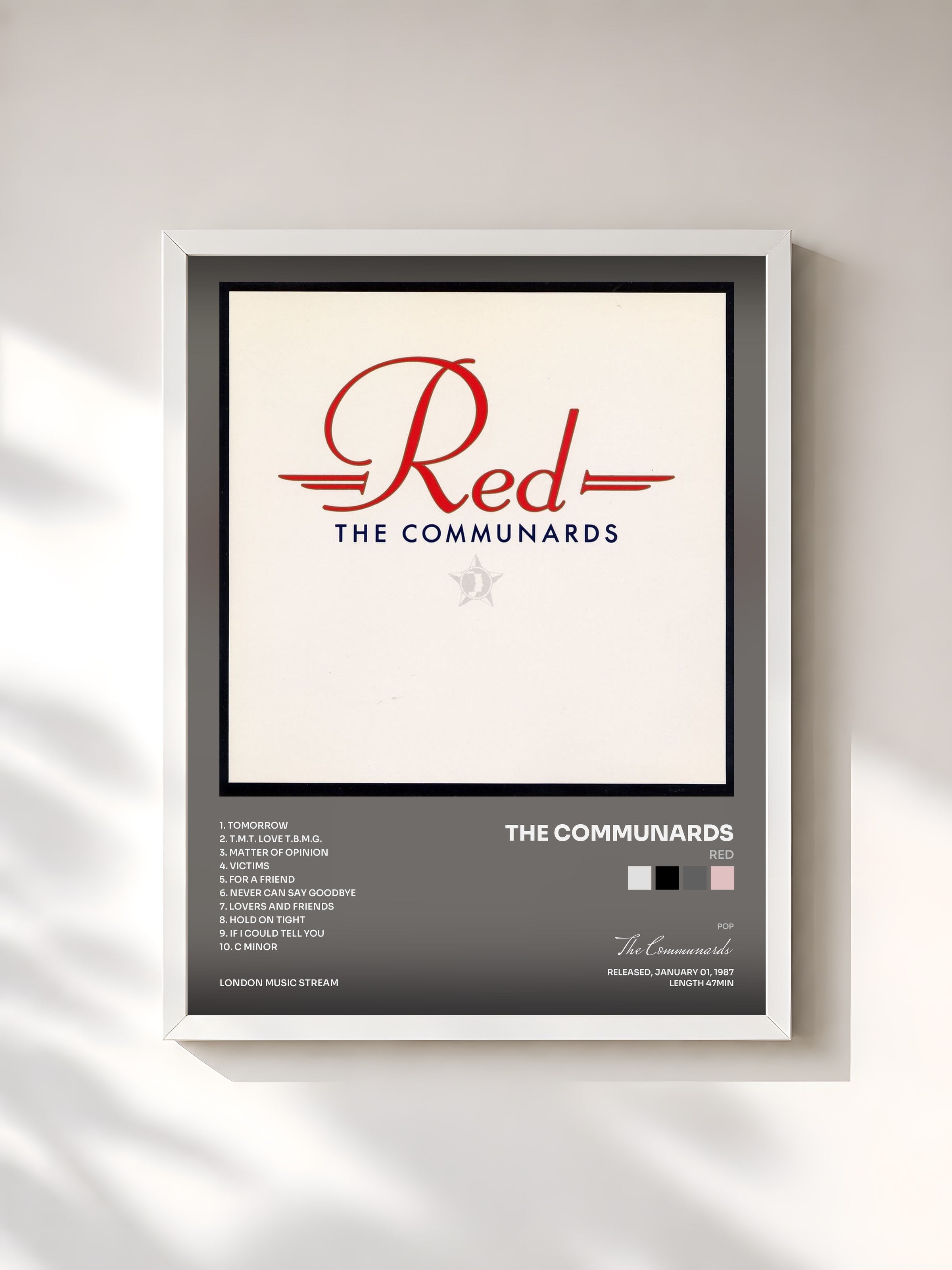 #blanc Tableau de l'album Red de The Communards, cadre blanc, imprimé et encadré en France