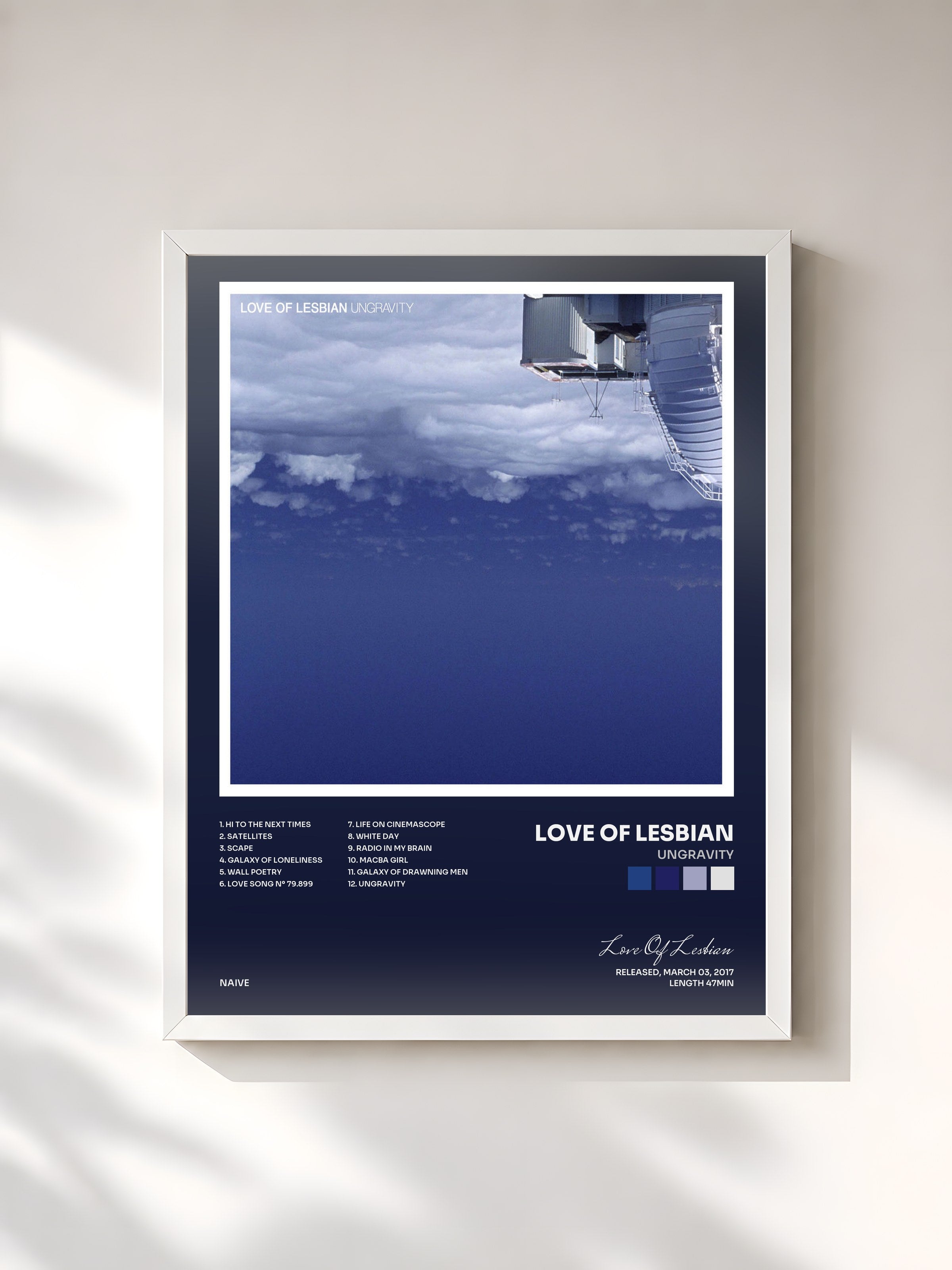 #blanc Tableau de l'album Ungravity de Love Of Lesbian, cadre blanc, imprimé et encadré en France