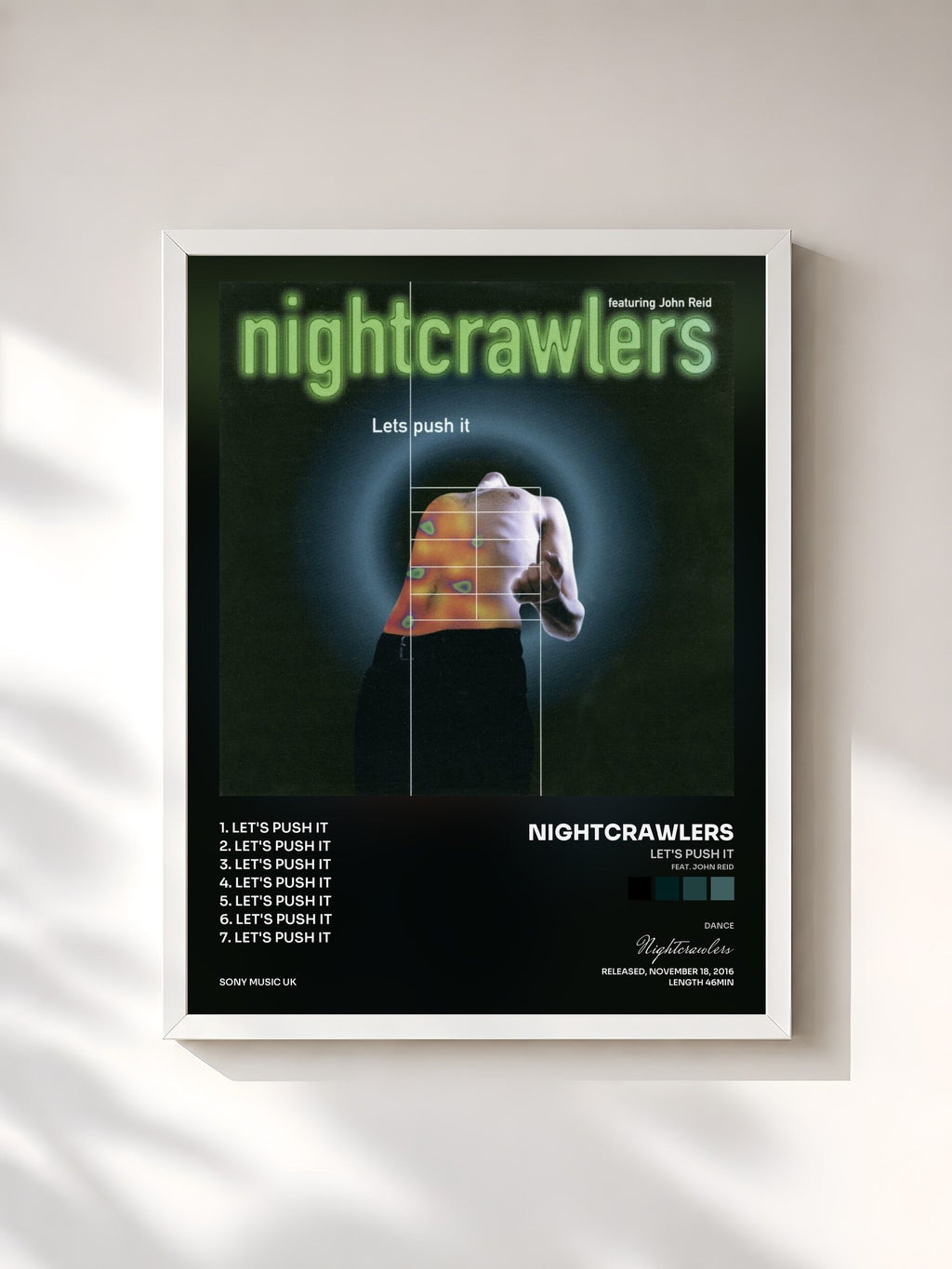 #blanc Let's Push It (feat. John Reid) de Nightcrawlers en lámina enmarcada, marco blanco, impresa y enmarcada en Francia