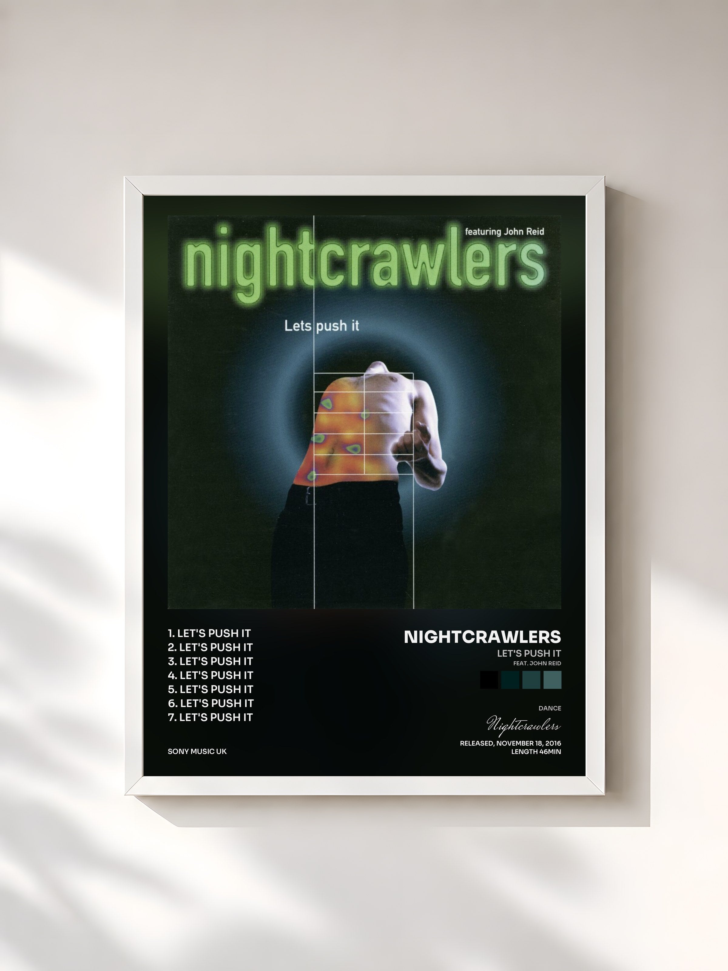 #blanc Tableau de l'album Let's Push It (feat. John Reid) de Nightcrawlers, cadre blanc, imprimé et encadré en France