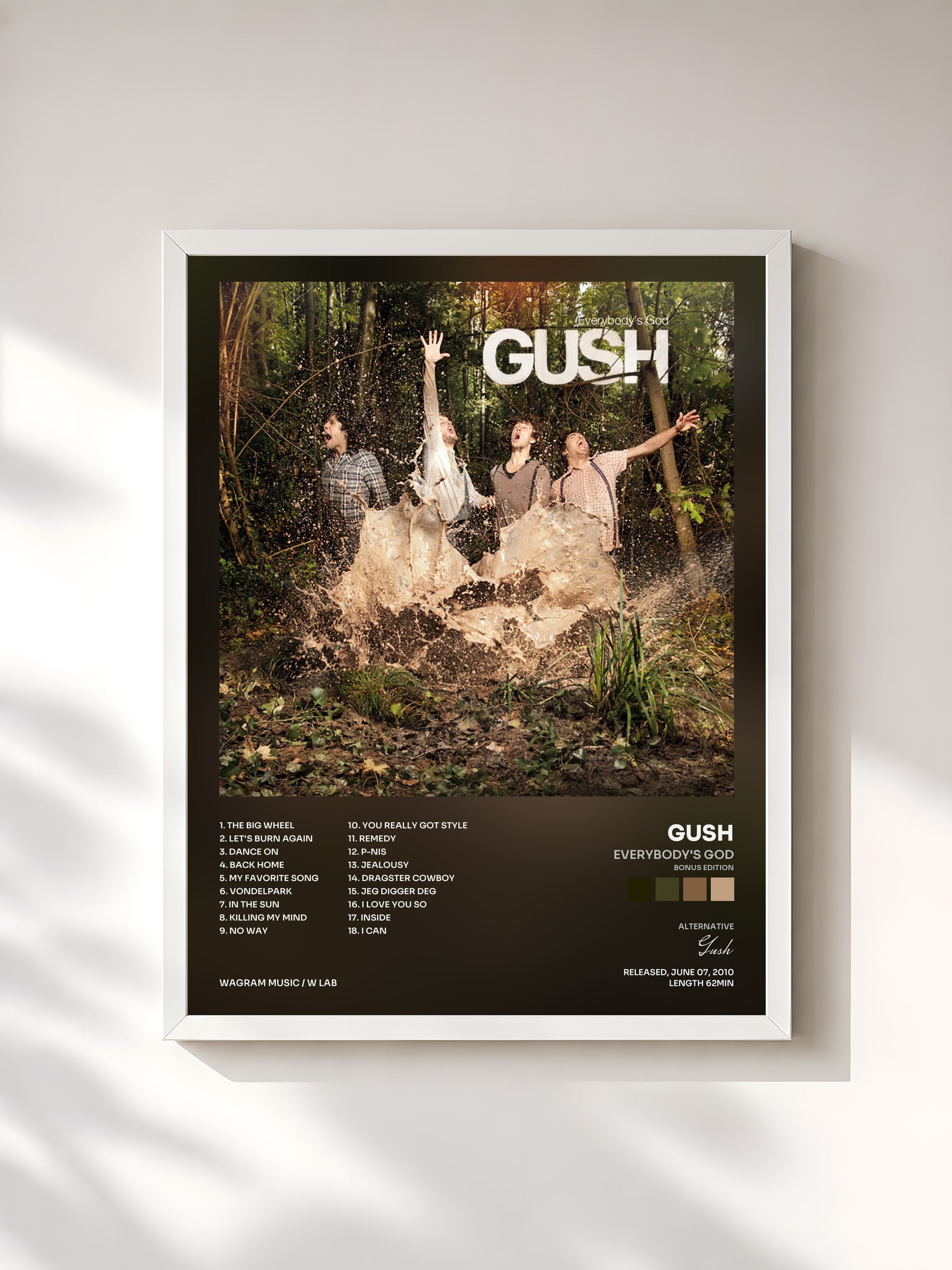#blanc Tableau de l'album Everybody's God (Bonus Edition) de Gush, cadre blanc, imprimé et encadré en France