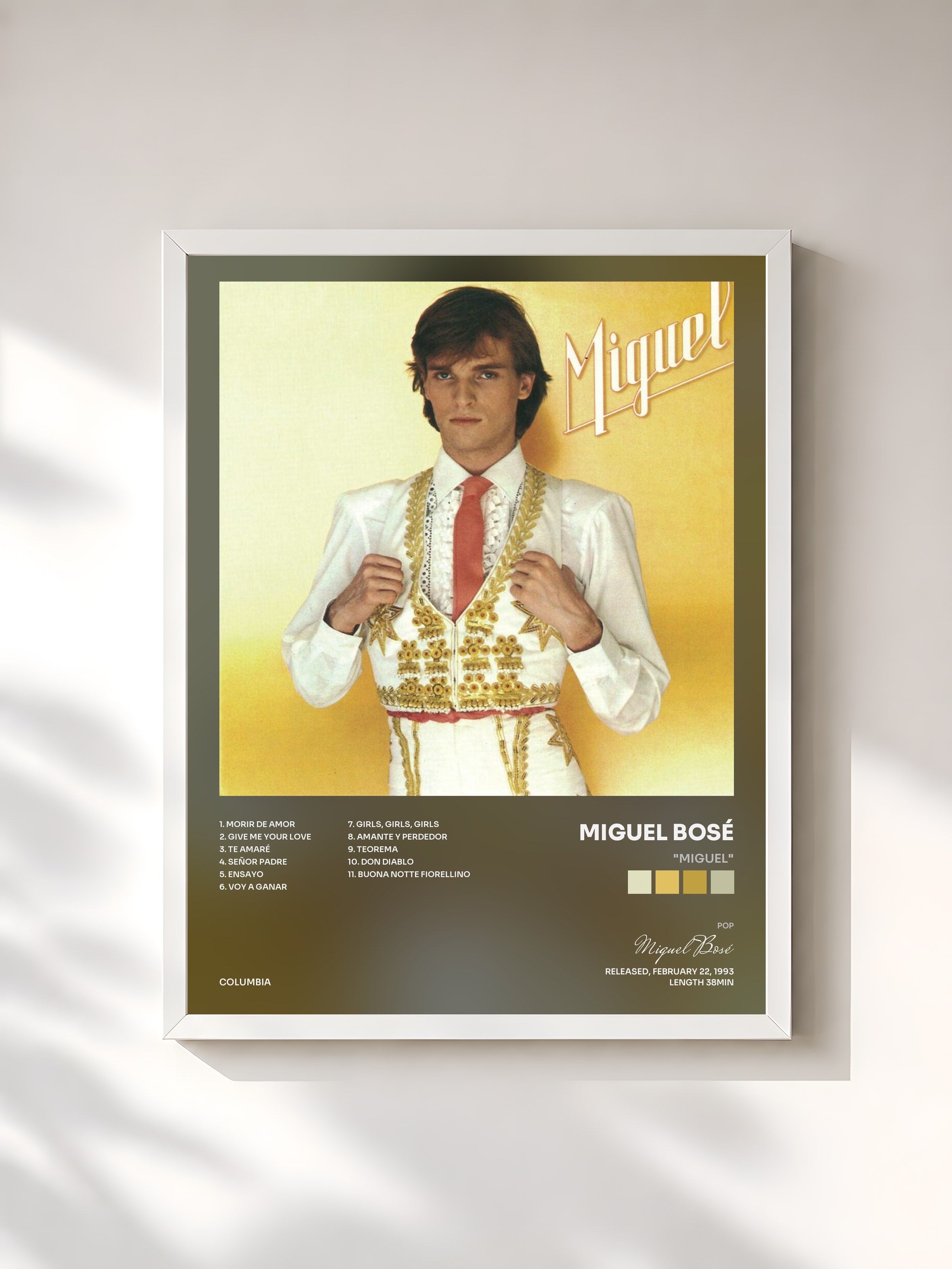 #blanc Tableau de l'album "Miguel" de Miguel Bosé, cadre blanc, imprimé et encadré en France