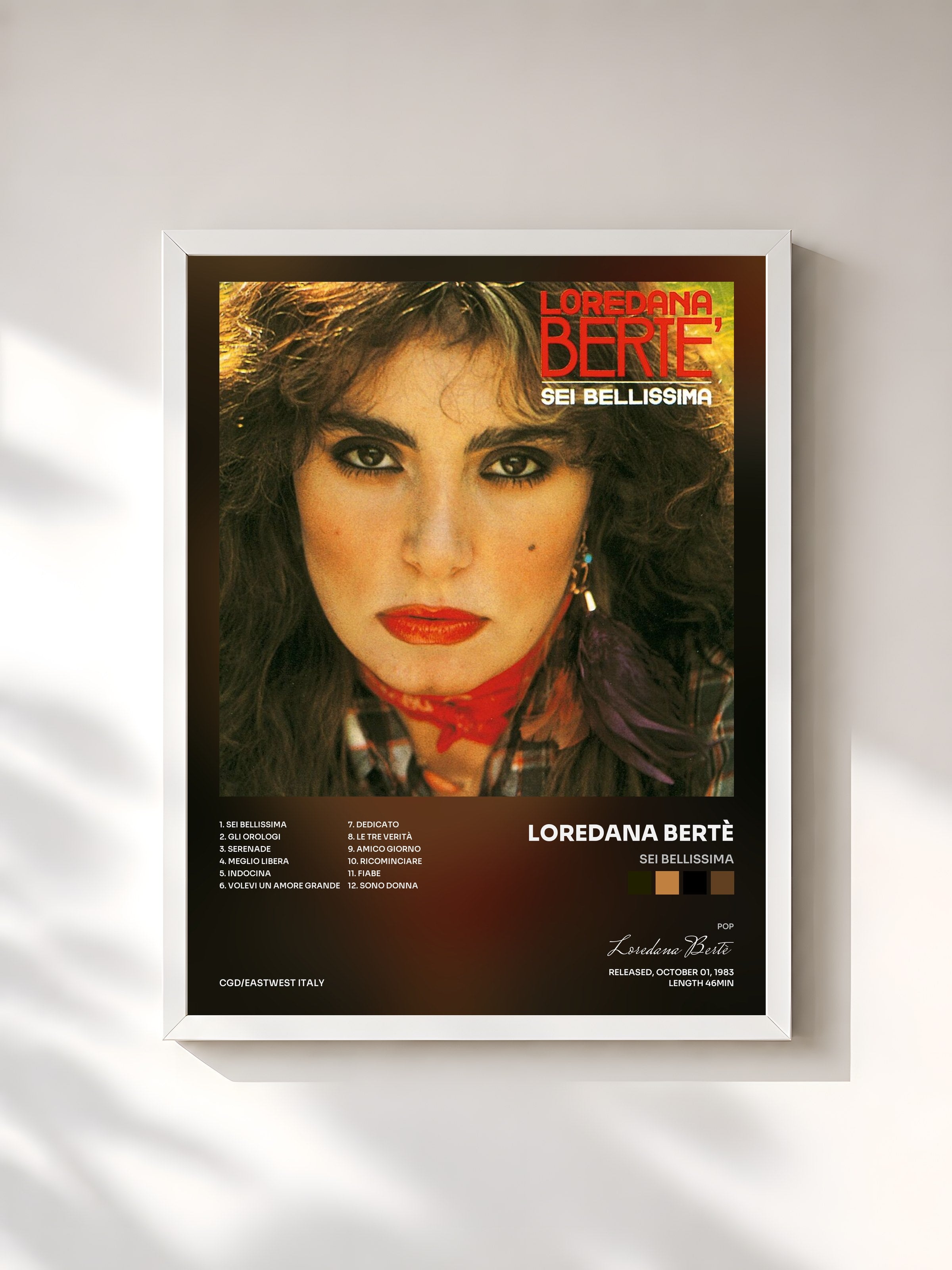 #blanc Tableau de l'album Sei bellissima de Loredana Bertè, cadre blanc, imprimé et encadré en France