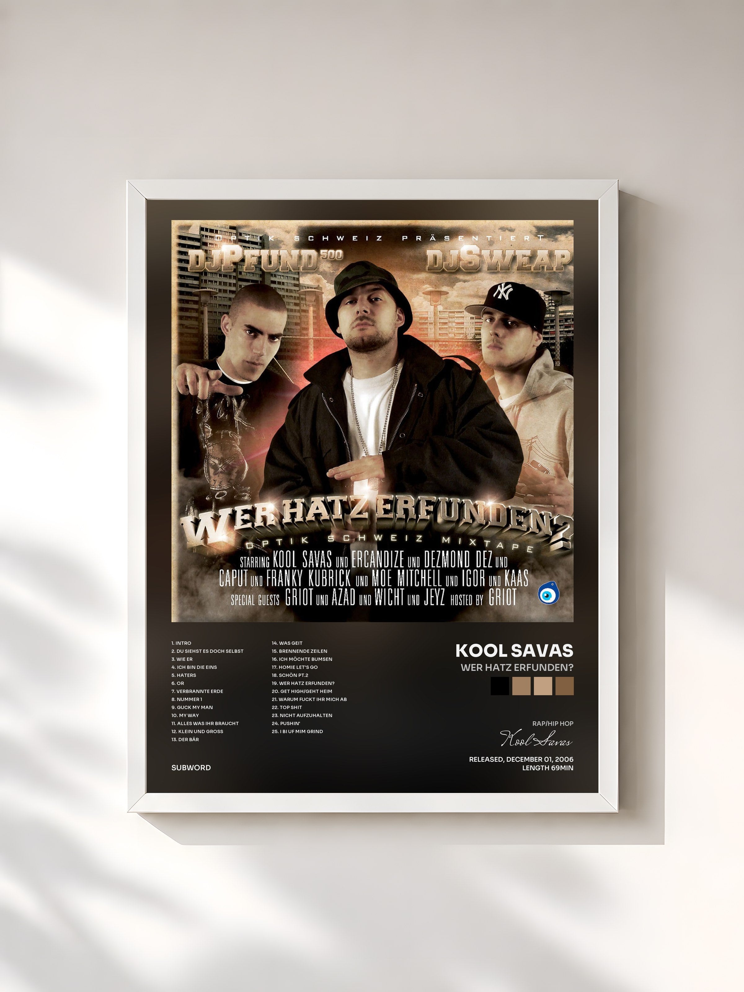#blanc Tableau de l'album Wer Hatz Erfunden? de Kool Savas, cadre blanc, imprimé et encadré en France