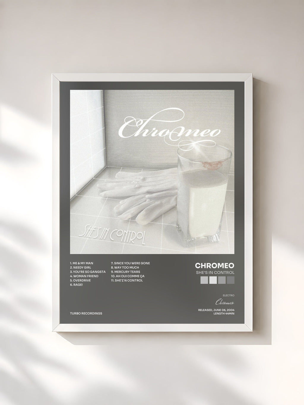 #blanc Tableau de l'album She's in Control de Chromeo, cadre blanc, imprimé et encadré en France