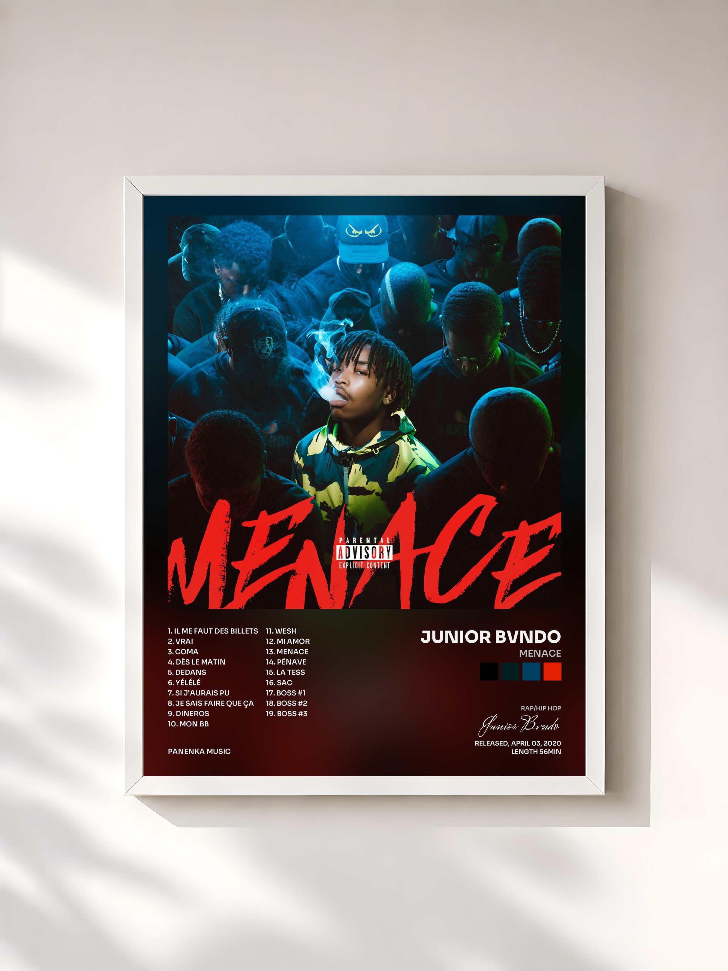 #blanc Tableau de l'album Menace de Junior Bvndo, cadre blanc, imprimé et encadré en France