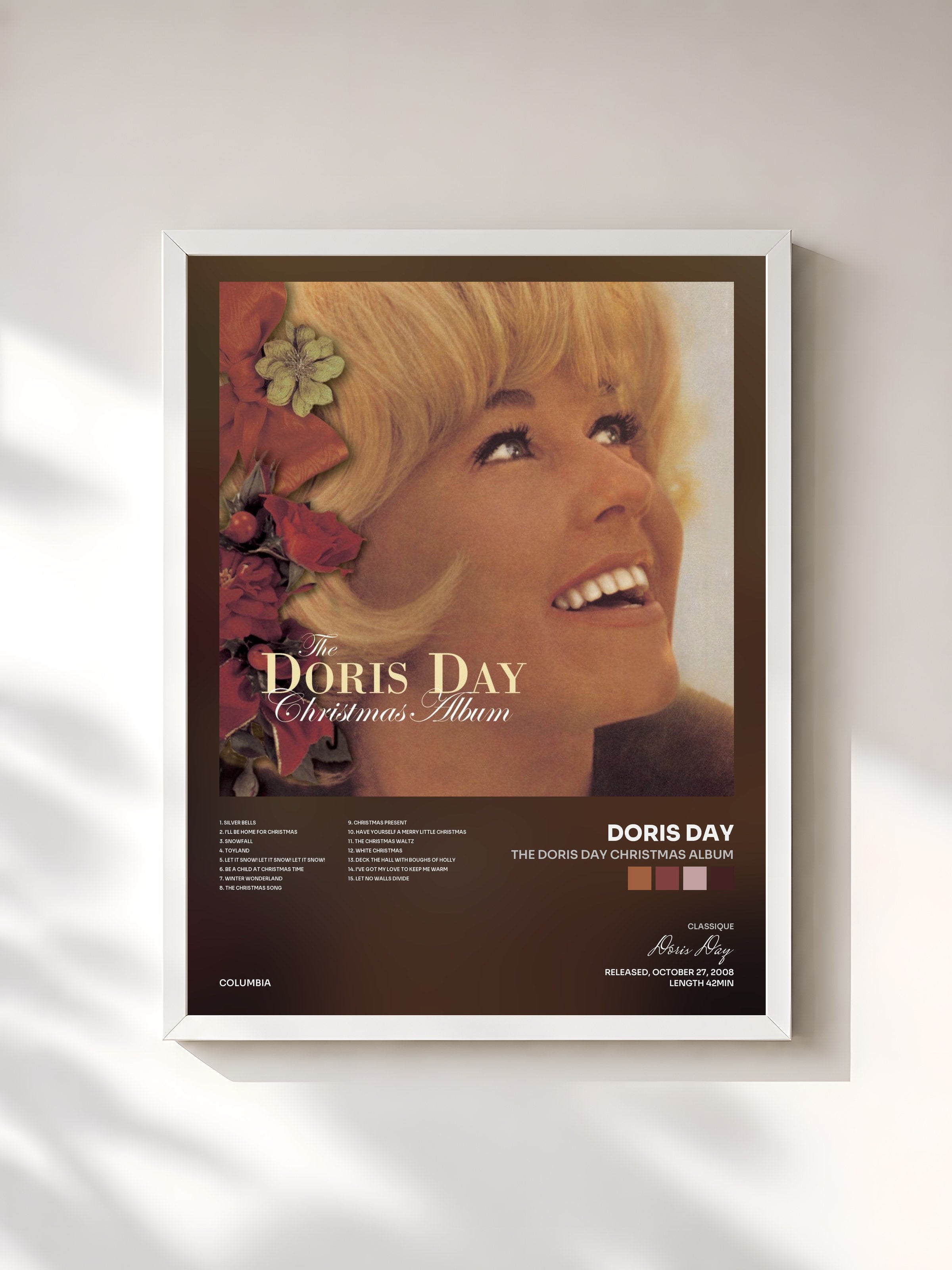 #blanc Tableau de l'album The Doris Day Christmas Album de Doris Day, cadre blanc, imprimé et encadré en France
