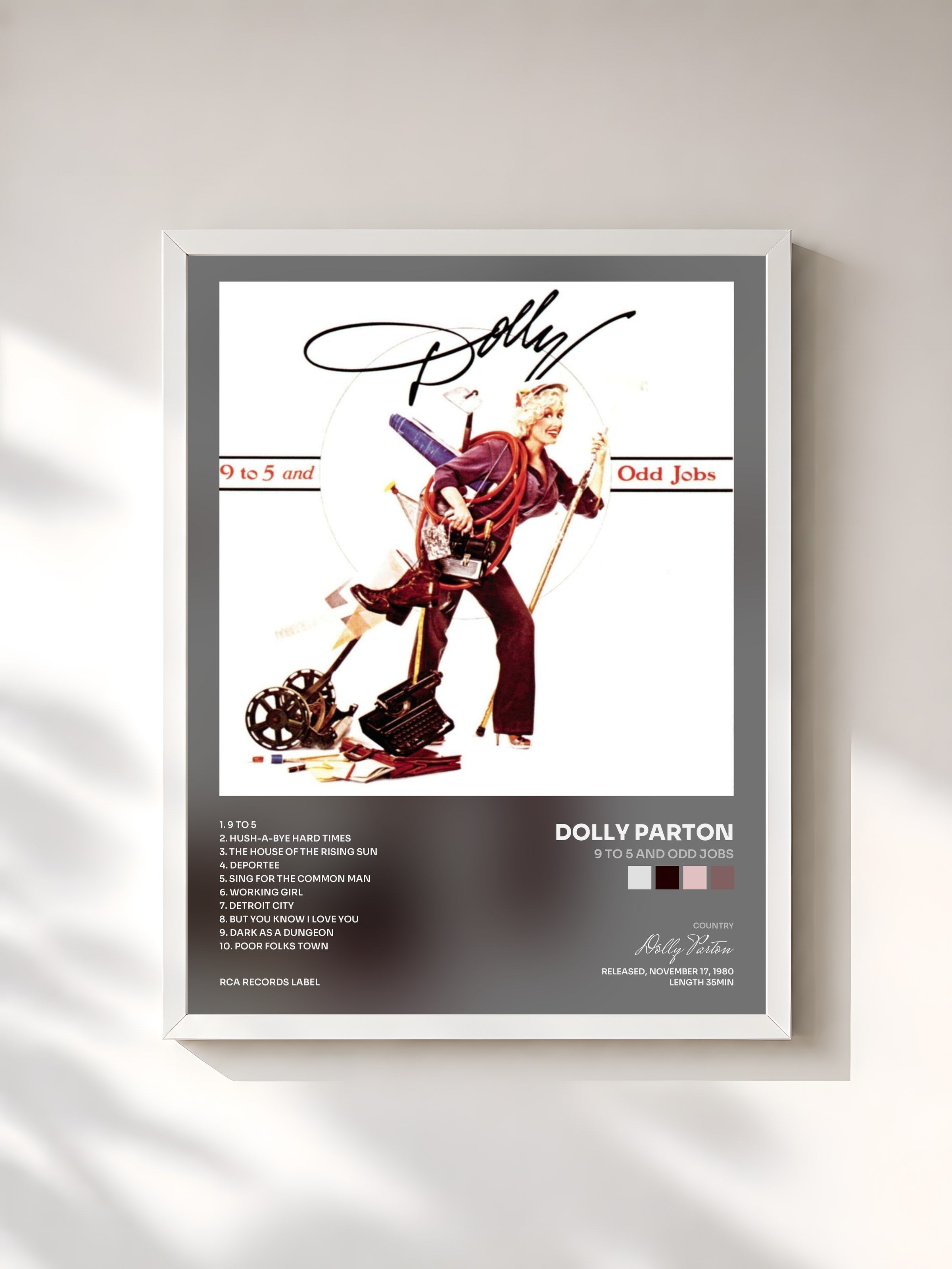 #blanc Tableau de l'album 9 To 5 And Odd Jobs de Dolly Parton, cadre blanc, imprimé et encadré en France