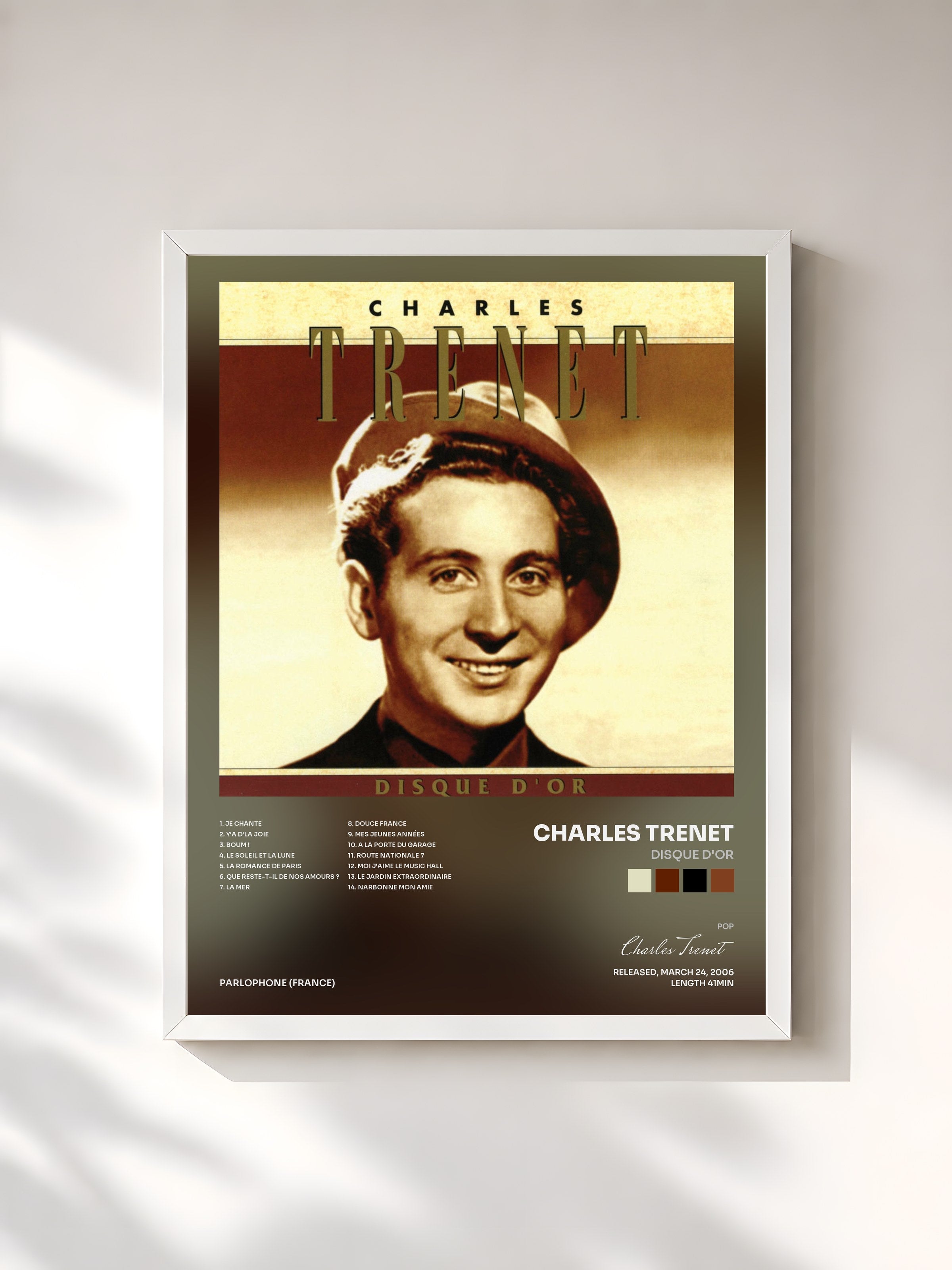 #blanc Tableau de l'album Disque D'or de Charles Trenet, cadre blanc, imprimé et encadré en France