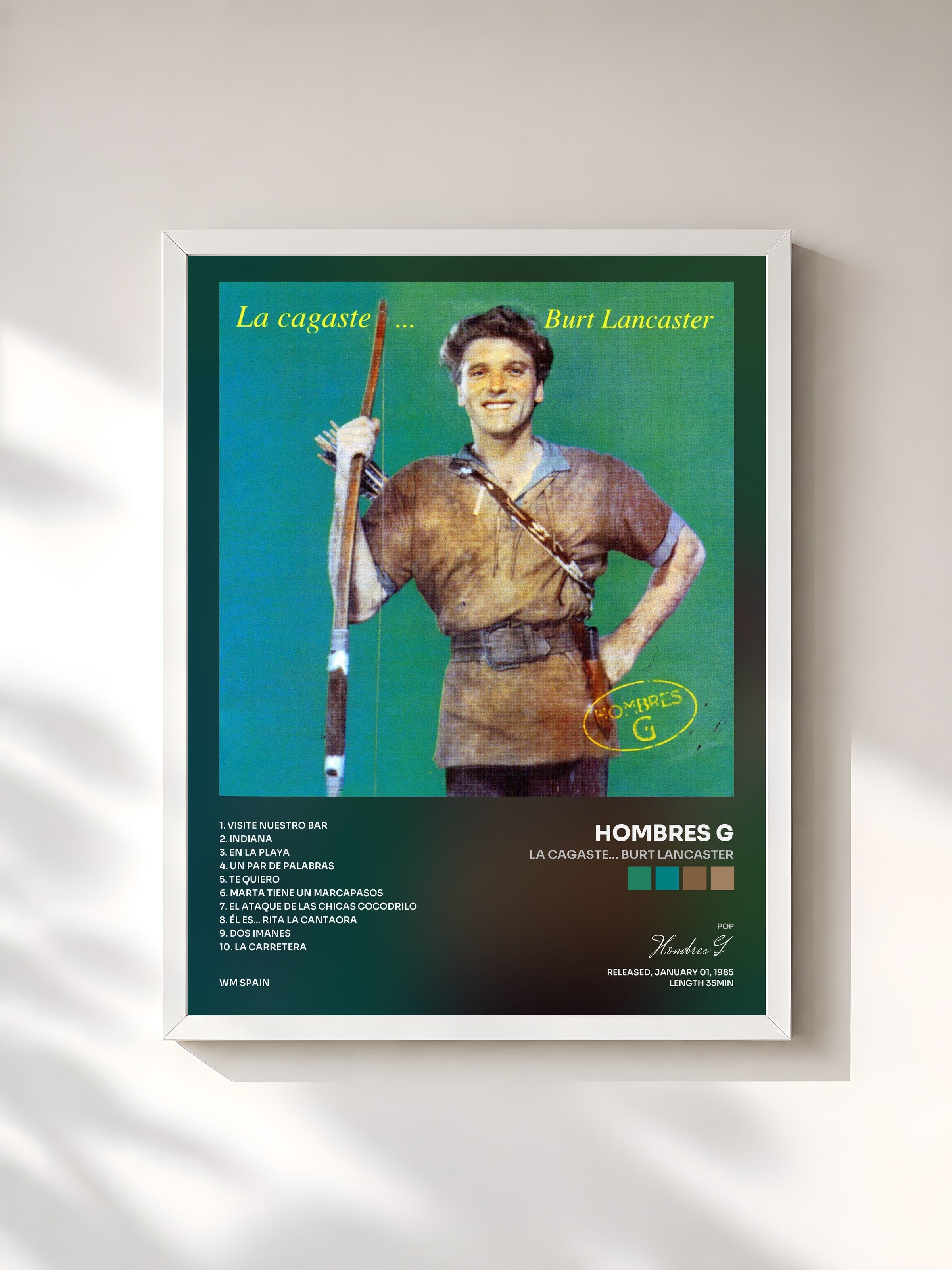 #blanc Tableau de l'album La Cagaste... Burt Lancaster de Hombres G, cadre blanc, imprimé et encadré en France