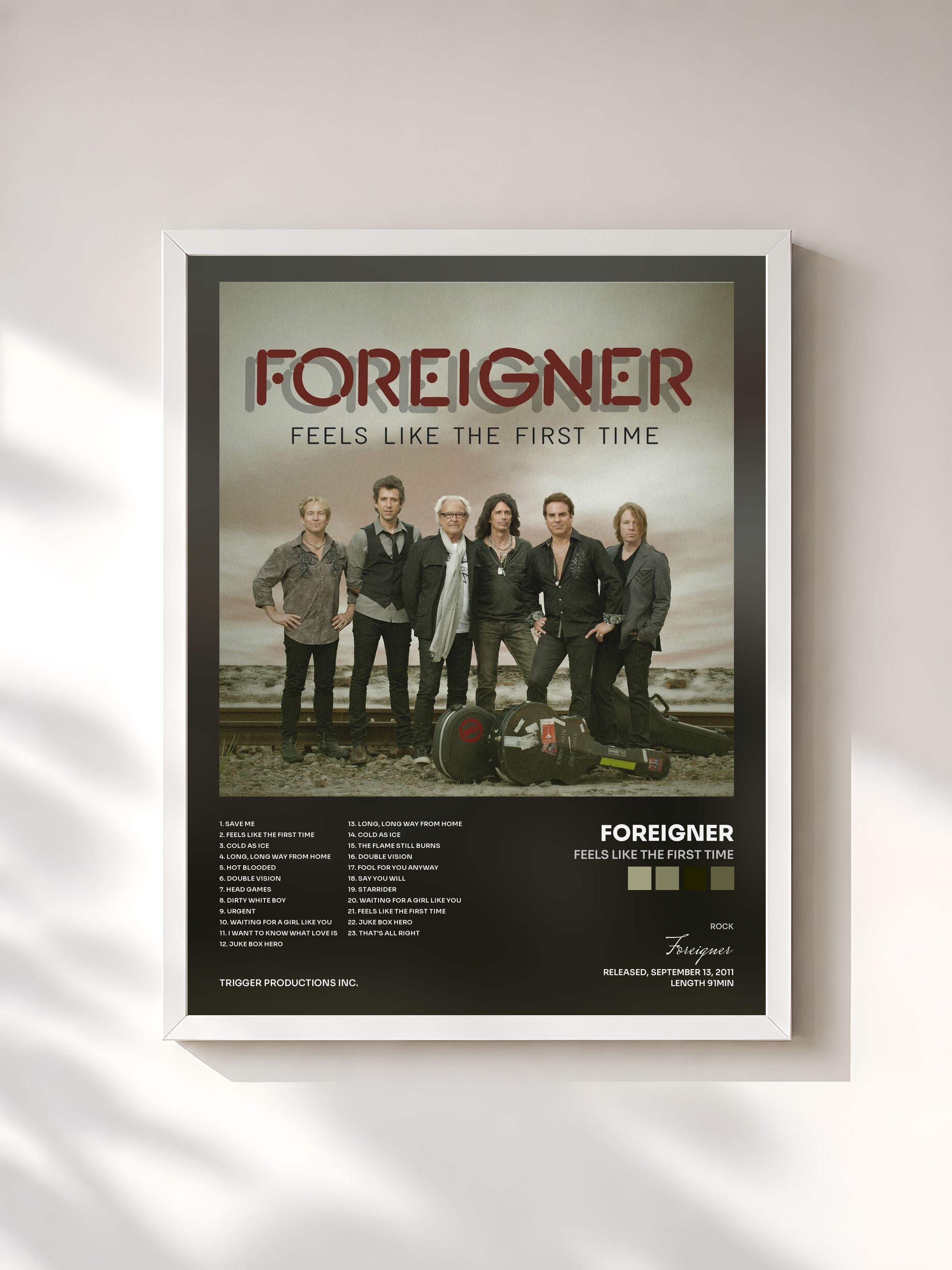 #blanc Tableau de l'album Feels Like The First Time de Foreigner, cadre blanc, imprimé et encadré en France