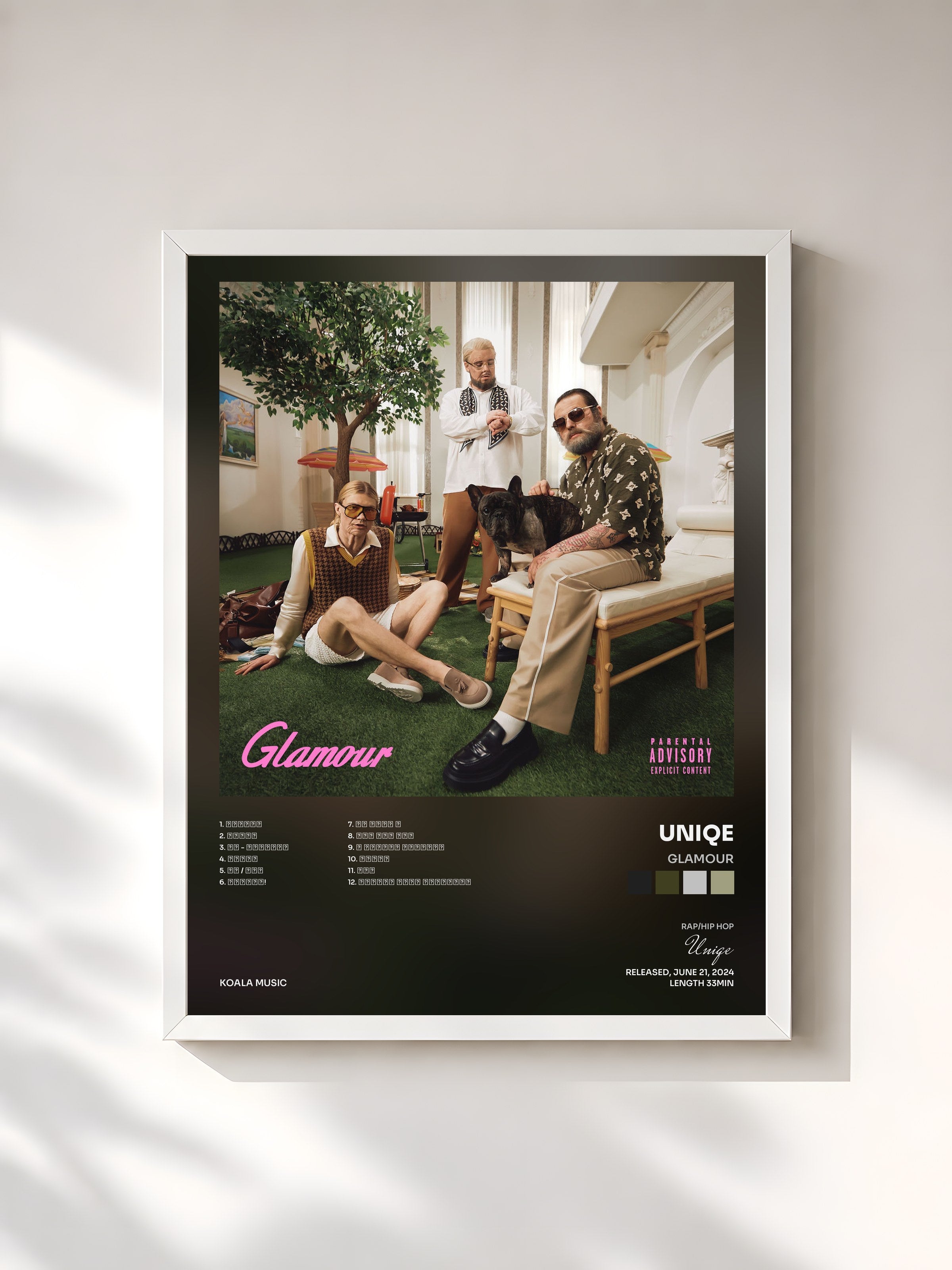 #blanc Tableau de l'album GLAMOUR de Uniqe, cadre blanc, imprimé et encadré en France