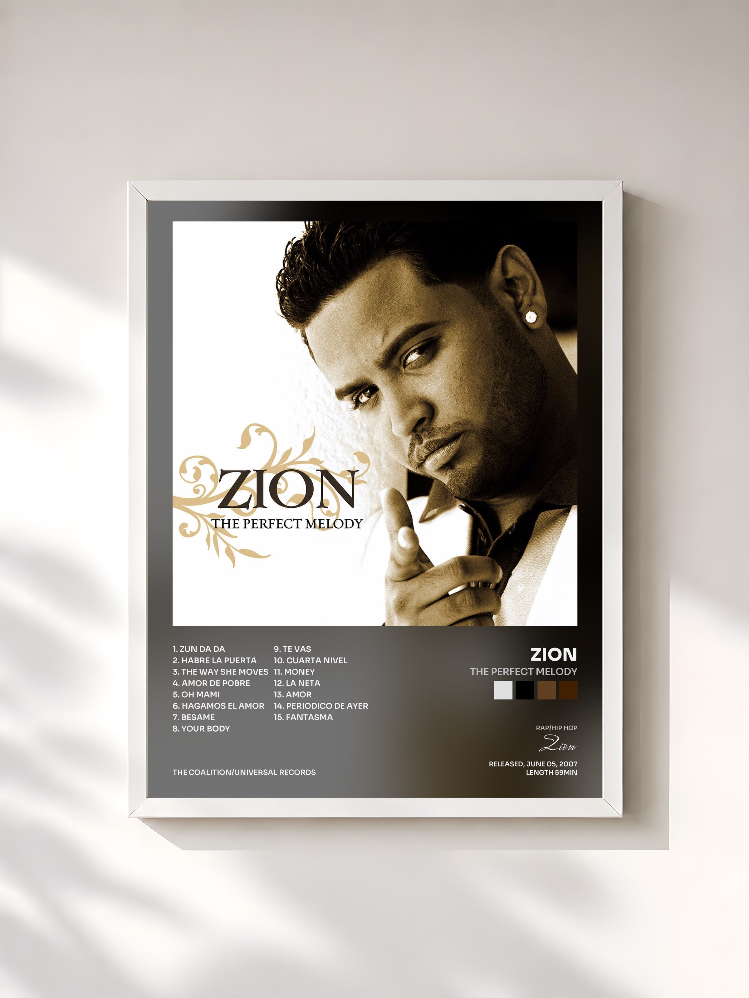 #blanc Tableau de l'album The Perfect Melody de Zion, cadre blanc, imprimé et encadré en France