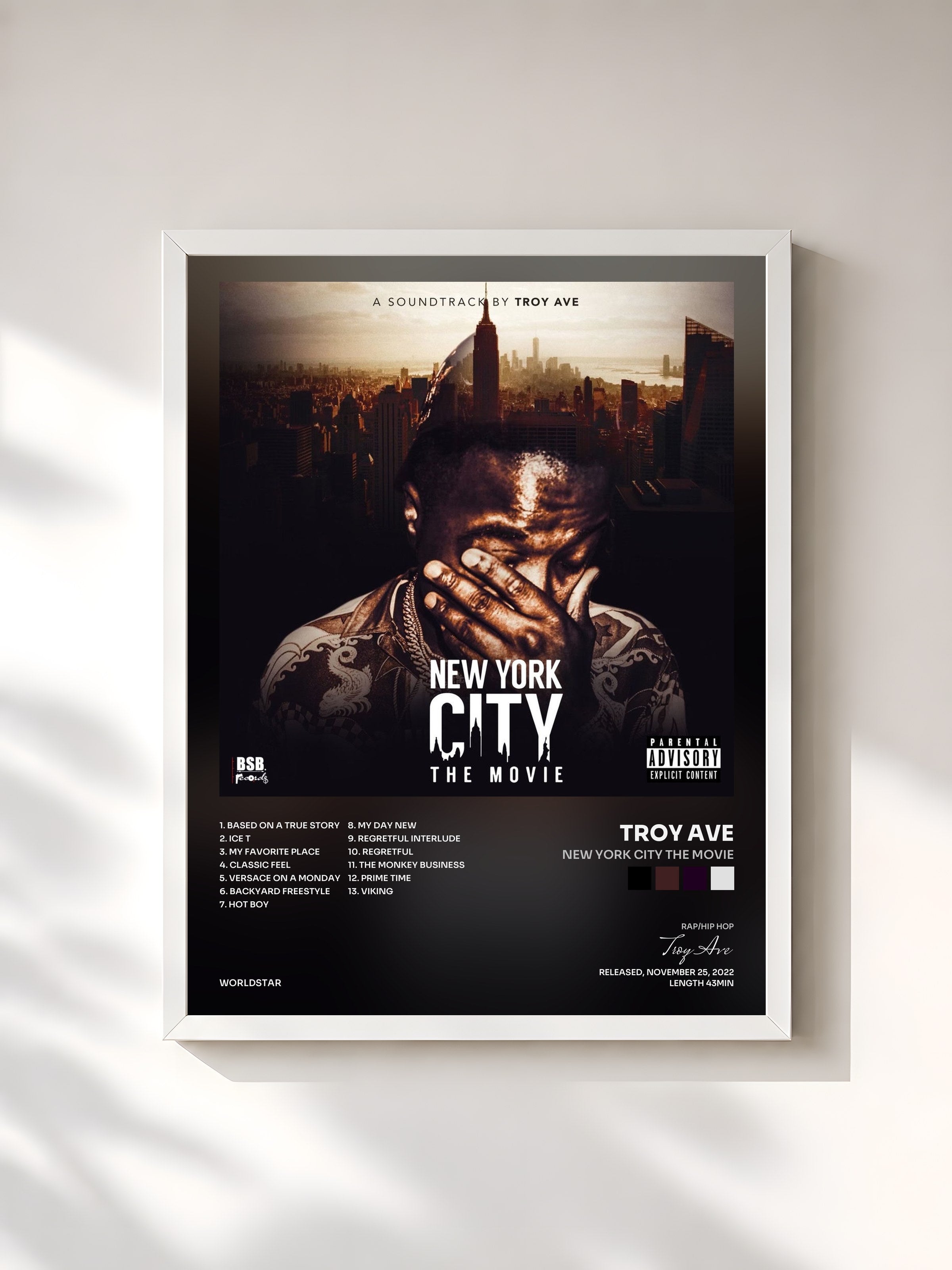 #blanc Tableau de l'album New York City The Movie de Troy Ave, cadre blanc, imprimé et encadré en France