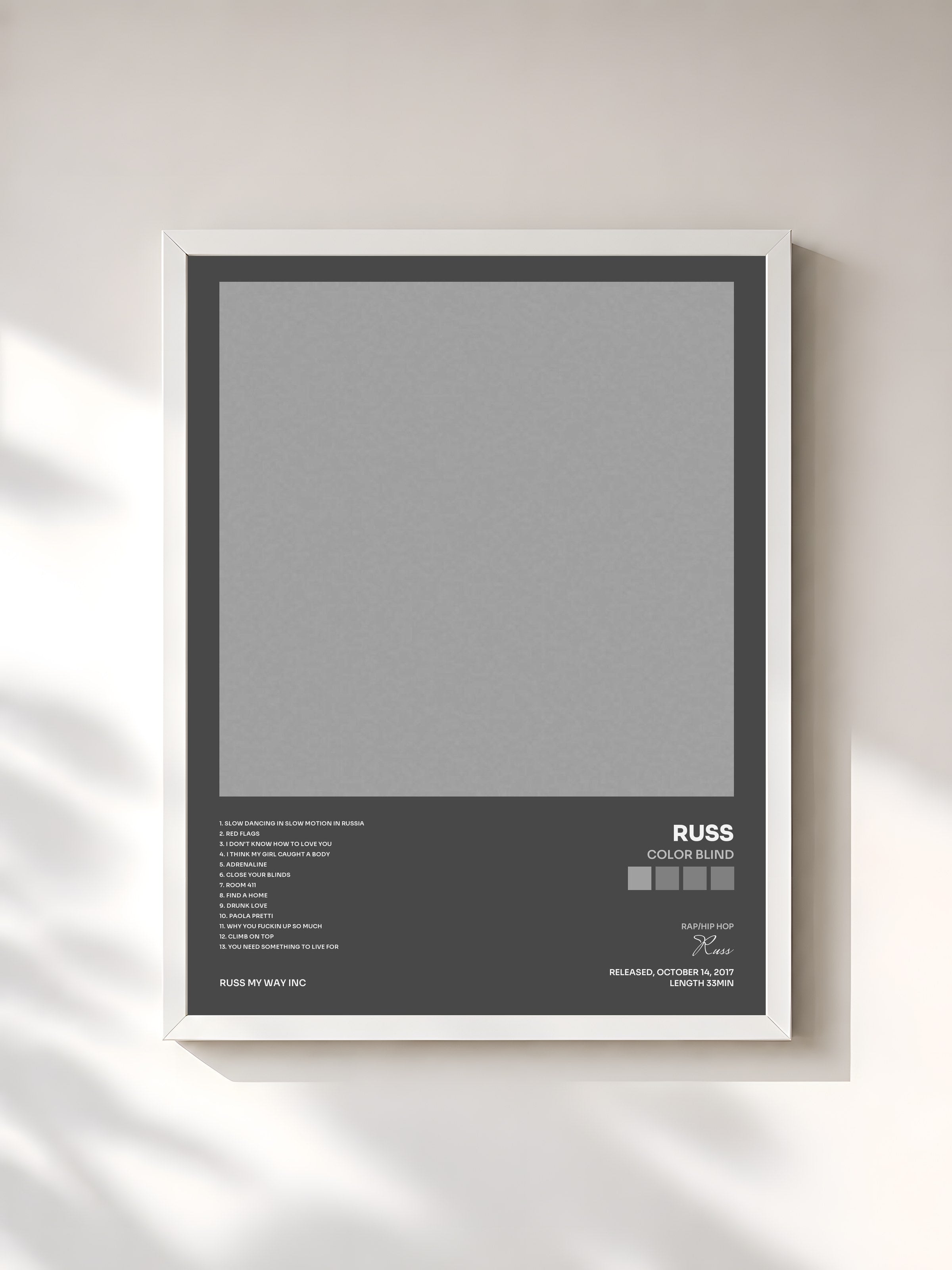 #blanc Tableau de l'album Color Blind de Russ, cadre blanc, imprimé et encadré en France