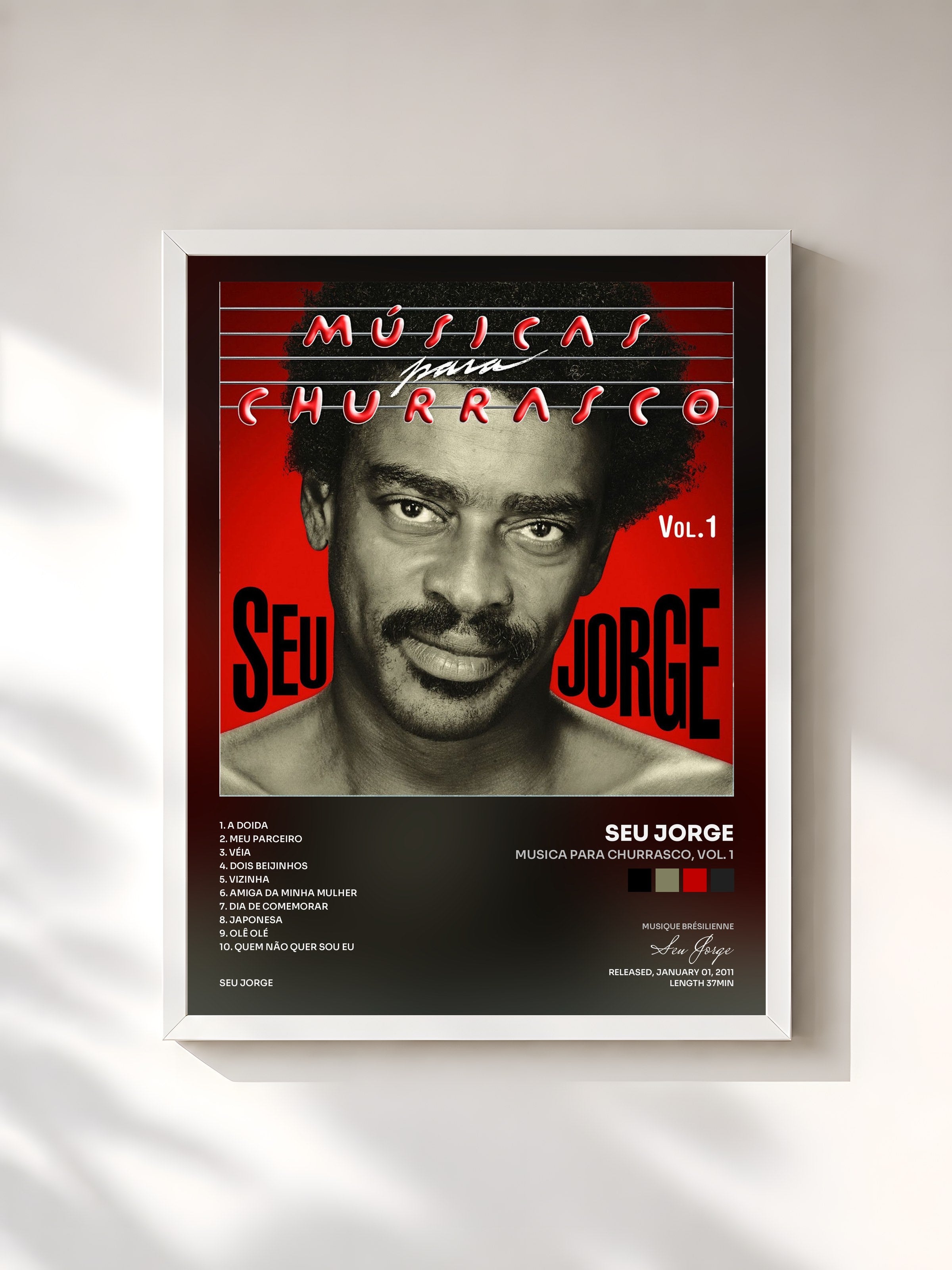 #blanc Tableau de l'album Musica para Churrasco, Vol. 1 de Seu Jorge, cadre blanc, imprimé et encadré en France