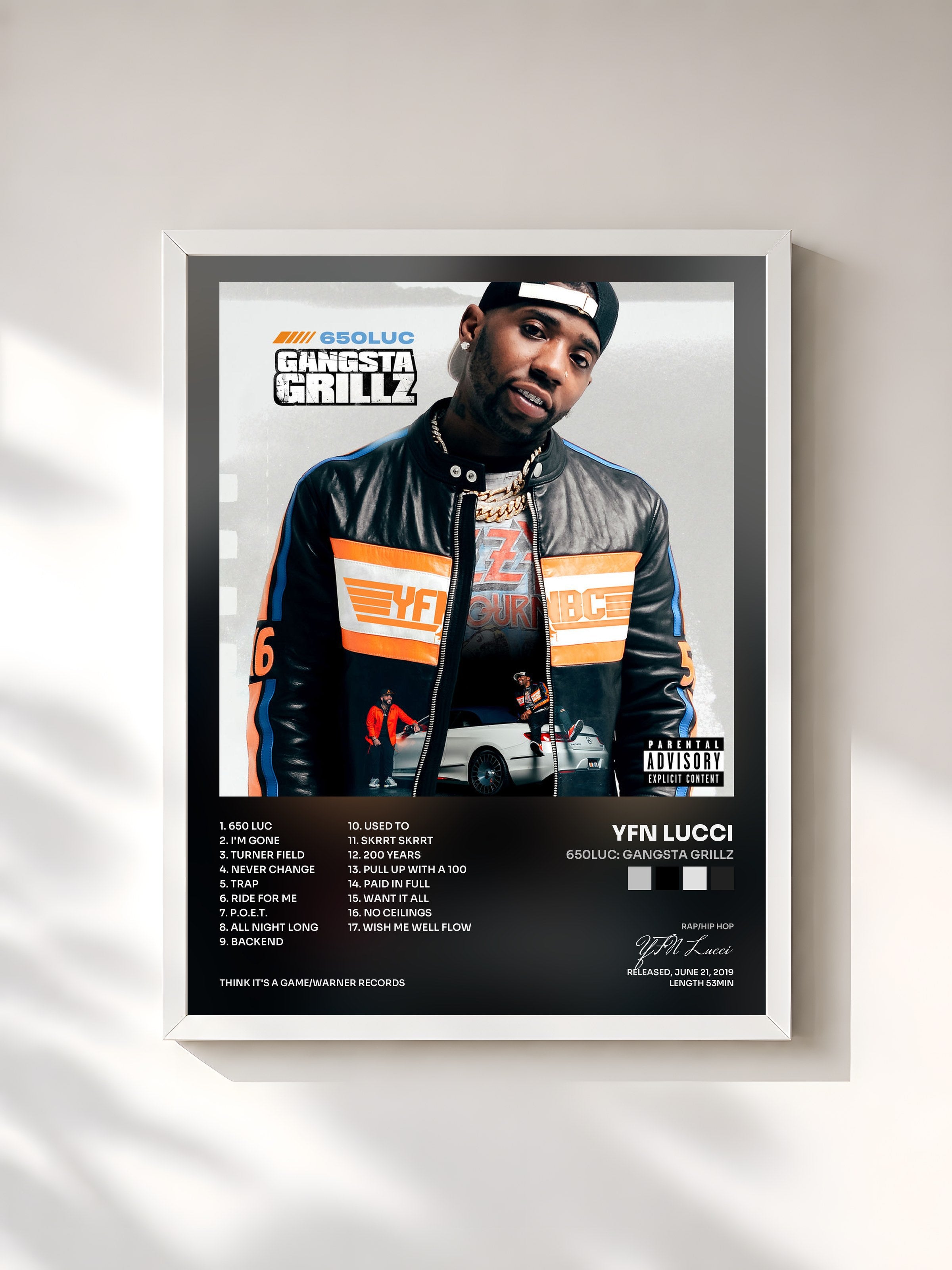 #blanc Tableau de l'album 650Luc: Gangsta Grillz de YFN Lucci, cadre blanc, imprimé et encadré en France