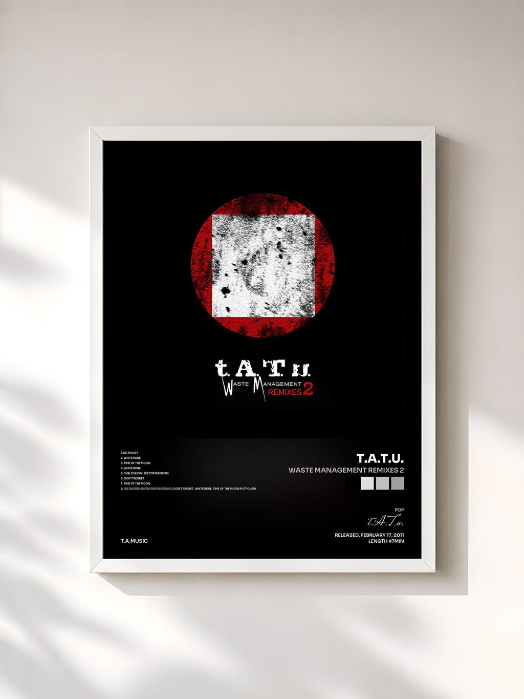 #blanc Waste Management Remixes 2 de t.A.T.u. en lámina enmarcada, marco blanco, impresa y enmarcada en Francia