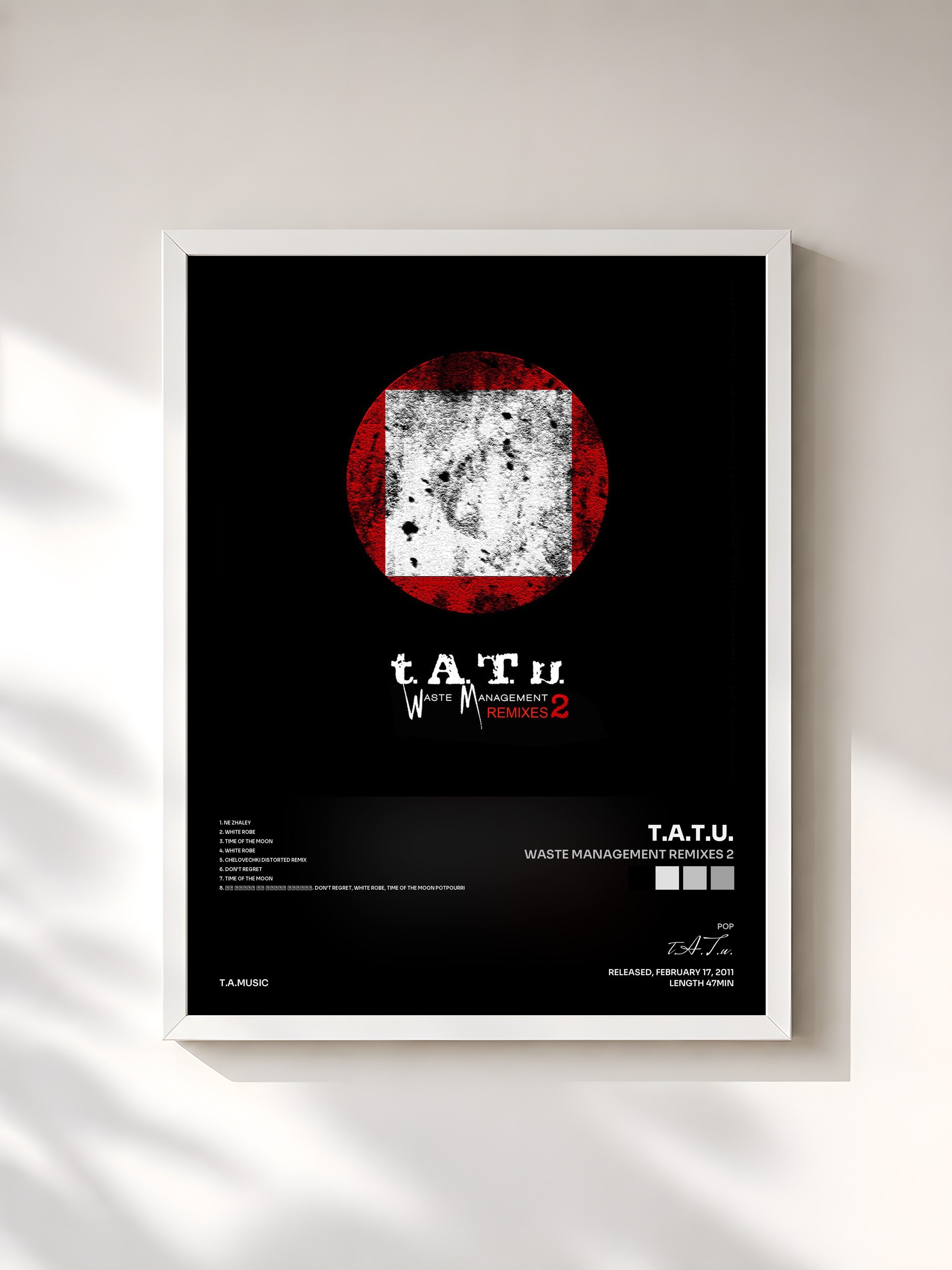 #blanc Tableau de l'album Waste Management Remixes 2 de t.A.T.u., cadre blanc, imprimé et encadré en France