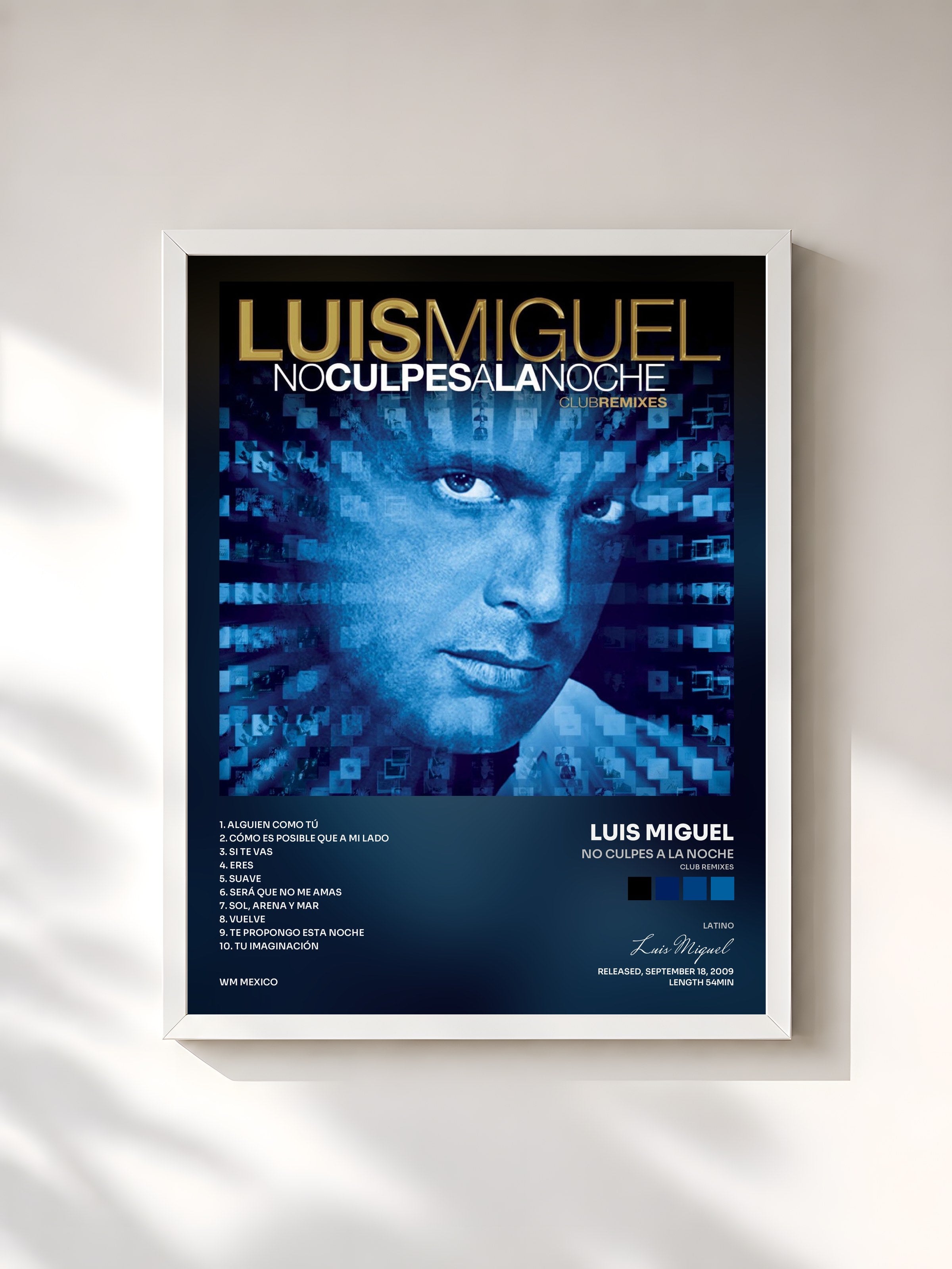 #blanc Tableau de l'album No culpes a la noche (Club remixes) de Luis Miguel, cadre blanc, imprimé et encadré en France