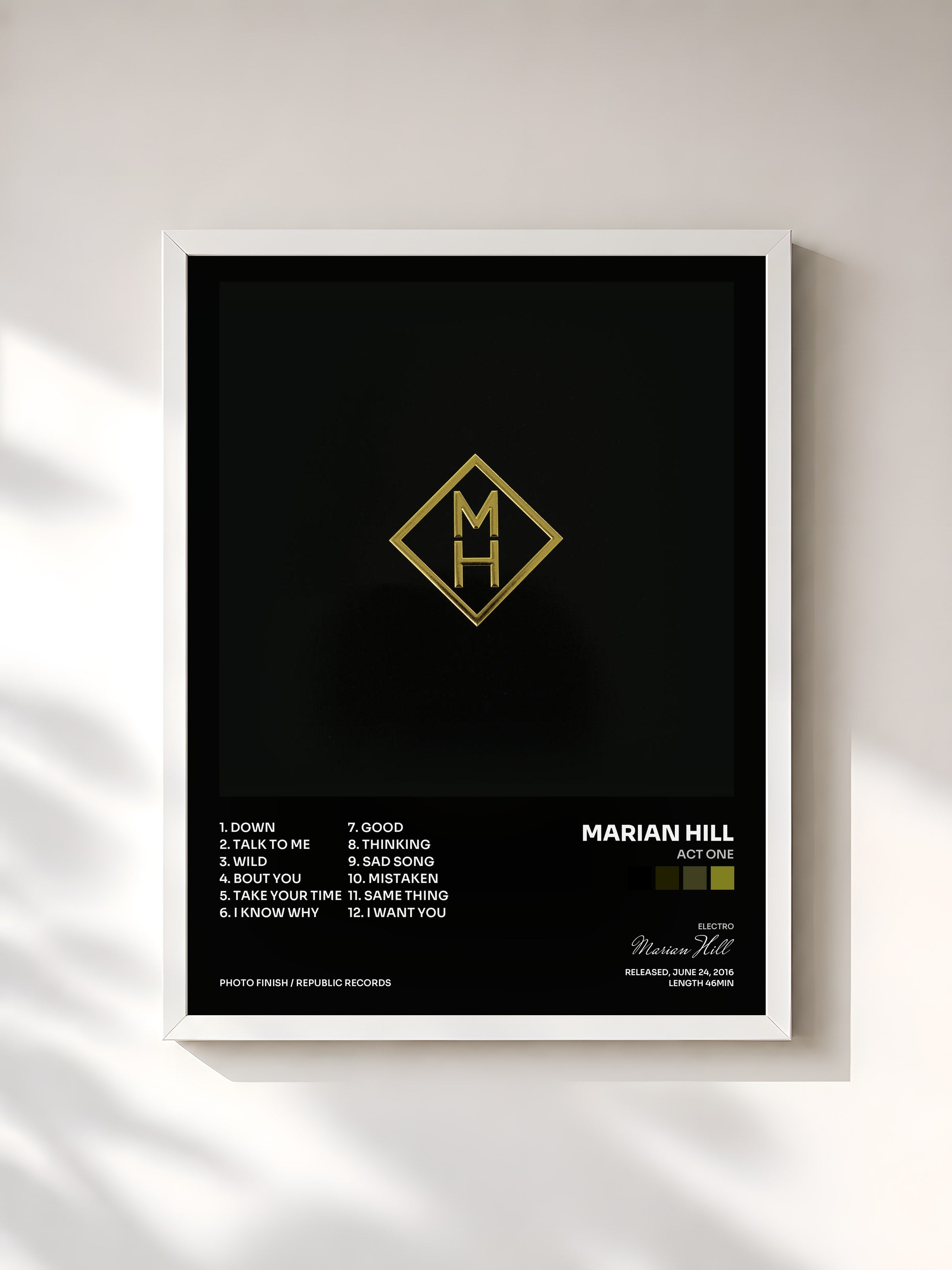 #blanc Tableau de l'album ACT ONE de Marian Hill, cadre blanc, imprimé et encadré en France