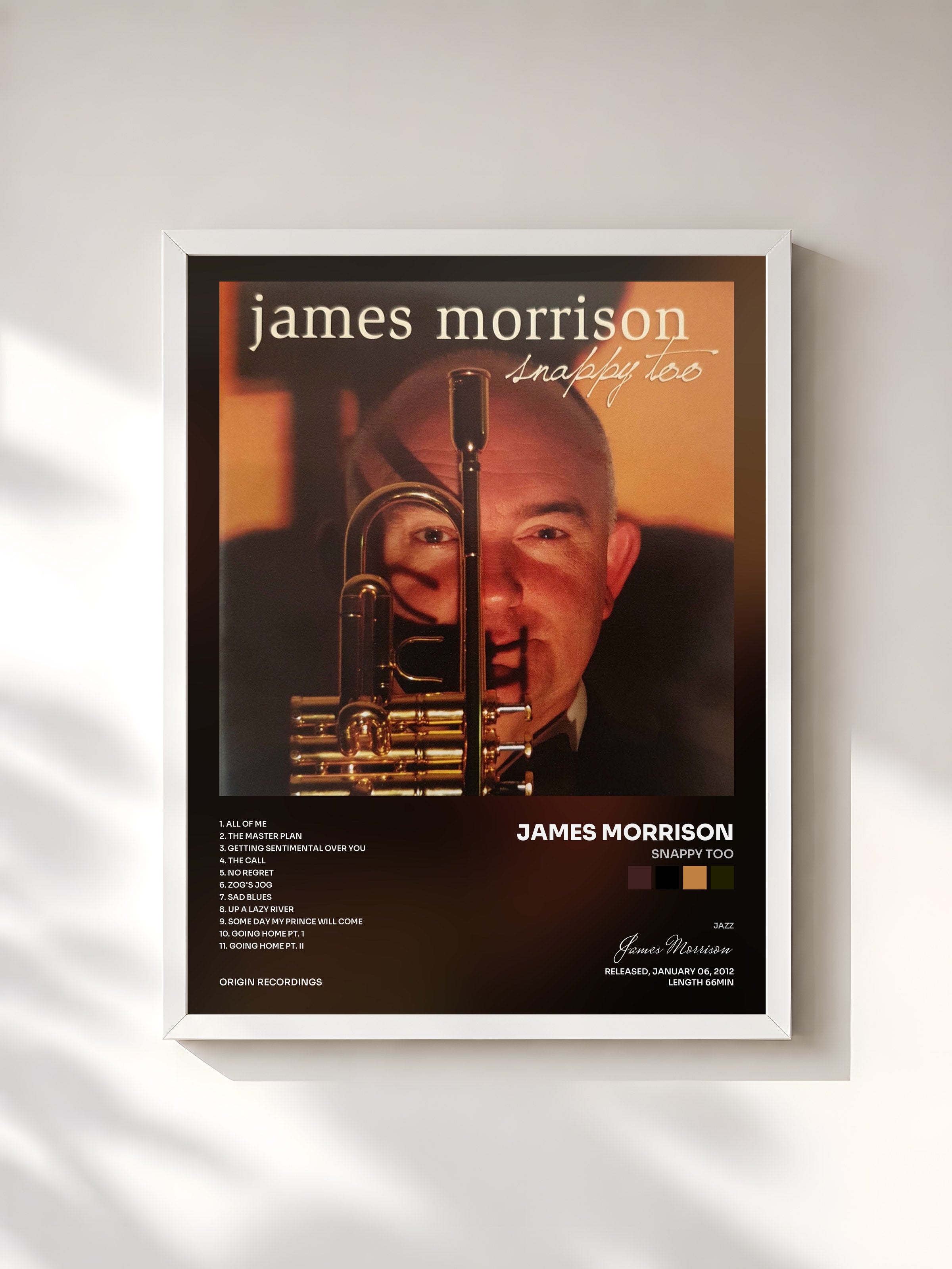 #blanc Tableau de l'album Snappy Too de James Morrison, cadre blanc, imprimé et encadré en France