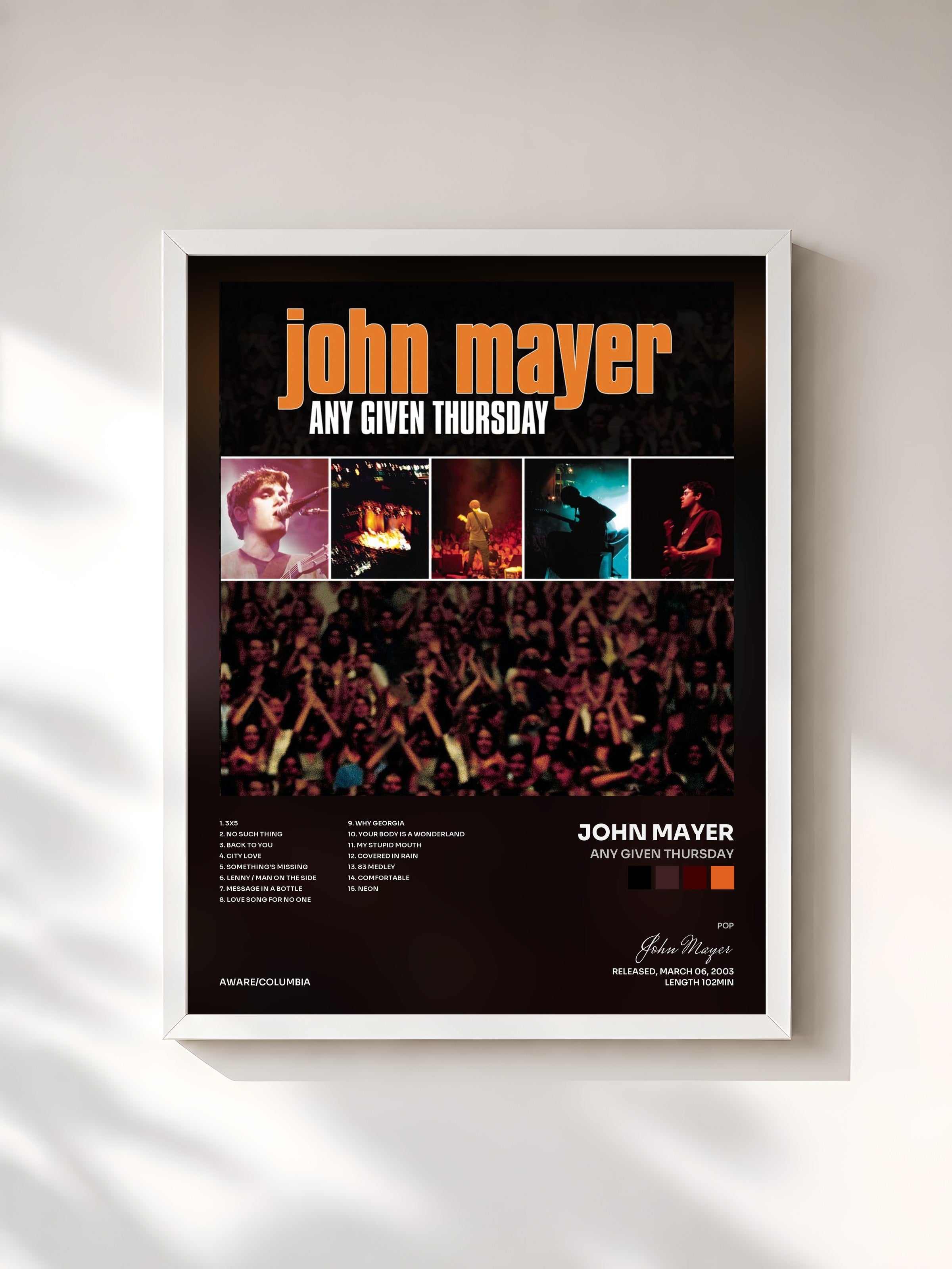 #blanc Tableau de l'album Any Given Thursday de John Mayer, cadre blanc, imprimé et encadré en France