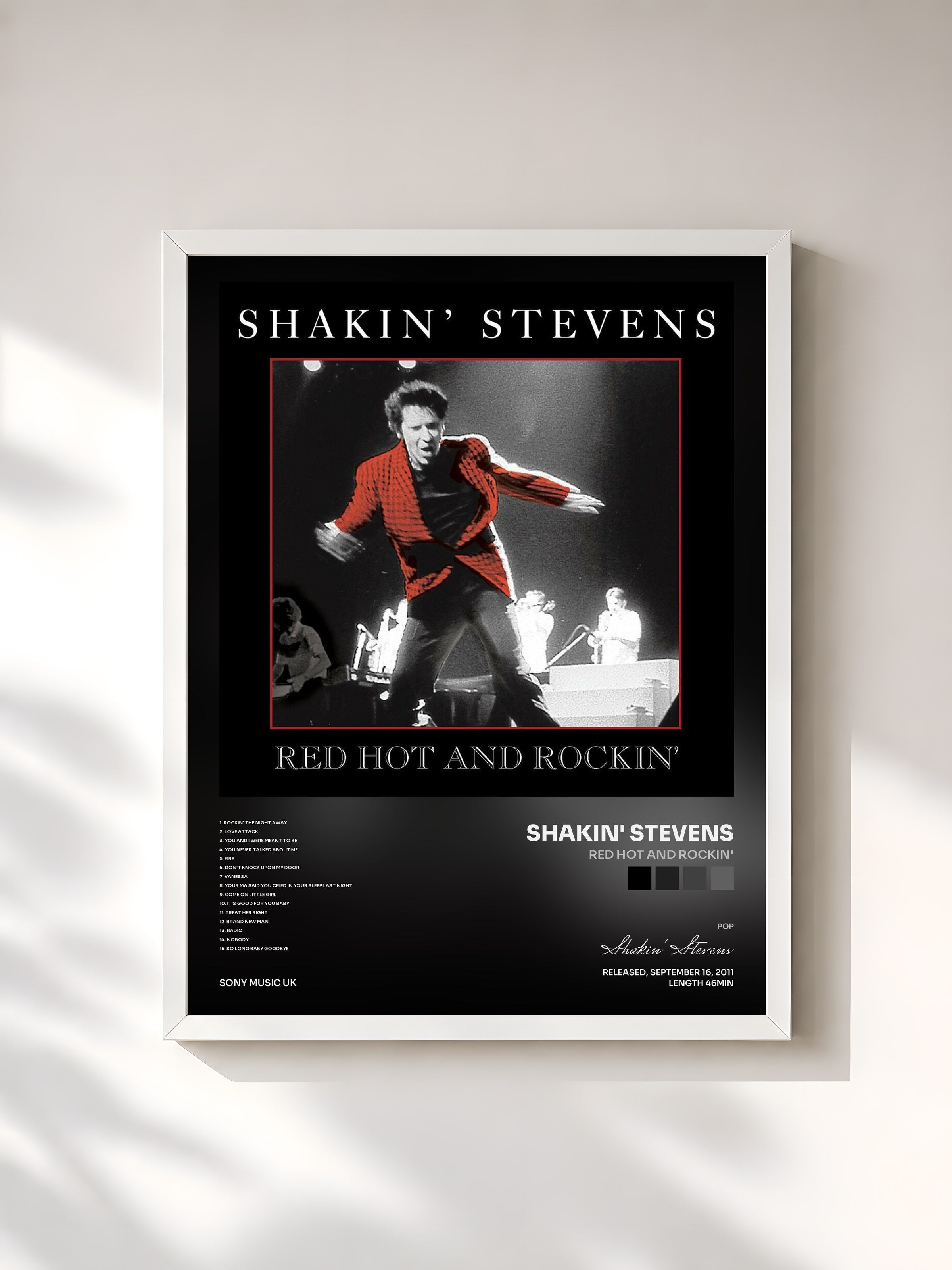 #blanc Tableau de l'album Red Hot and Rockin' de Shakin' Stevens, cadre blanc, imprimé et encadré en France