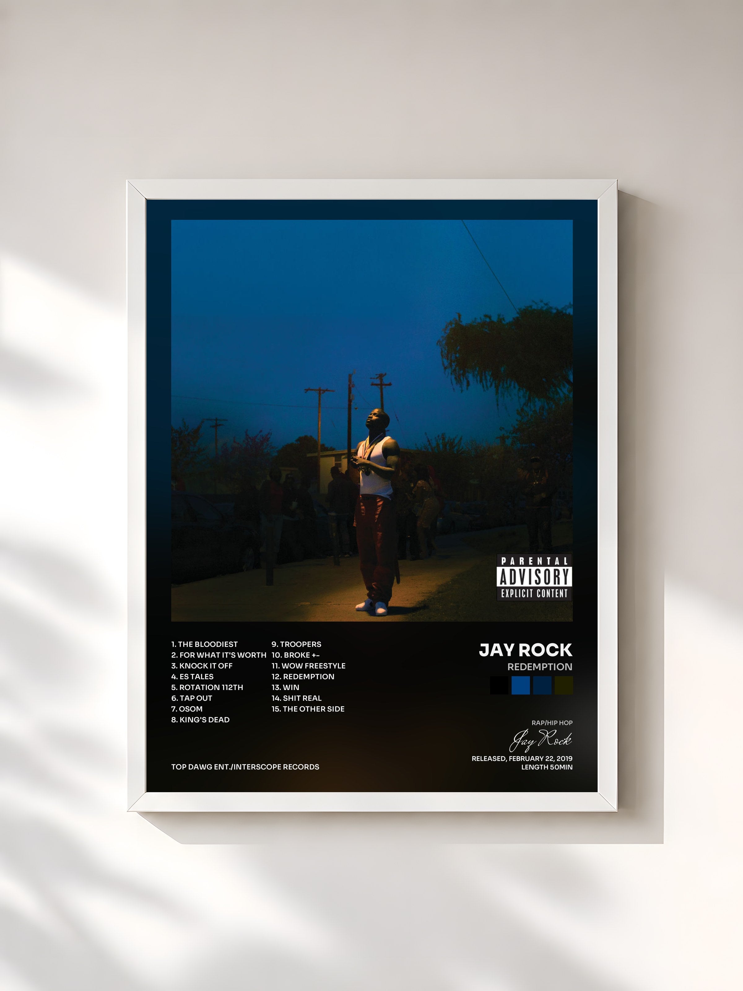 #blanc Tableau de l'album Redemption de Jay Rock, cadre blanc, imprimé et encadré en France