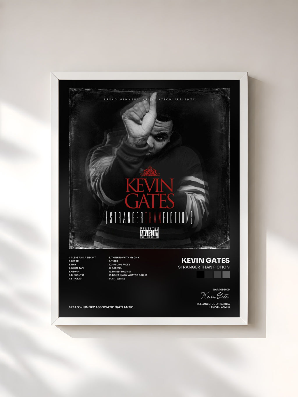 #blanc Tableau de l'album Stranger Than Fiction de Kevin Gates, cadre blanc, imprimé et encadré en France