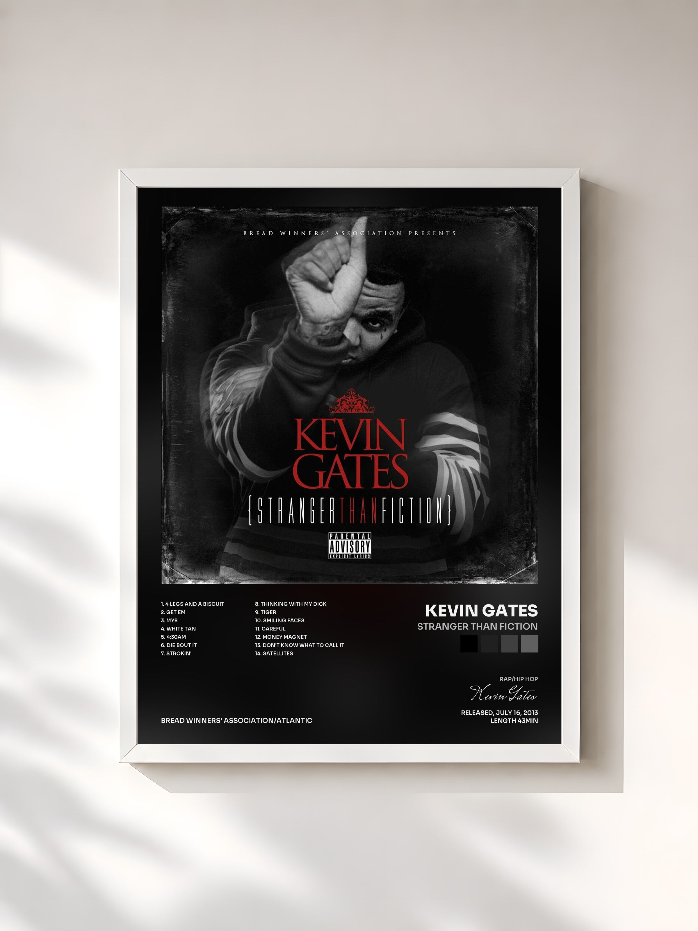 #blanc Tableau de l'album Stranger Than Fiction de Kevin Gates, cadre blanc, imprimé et encadré en France
