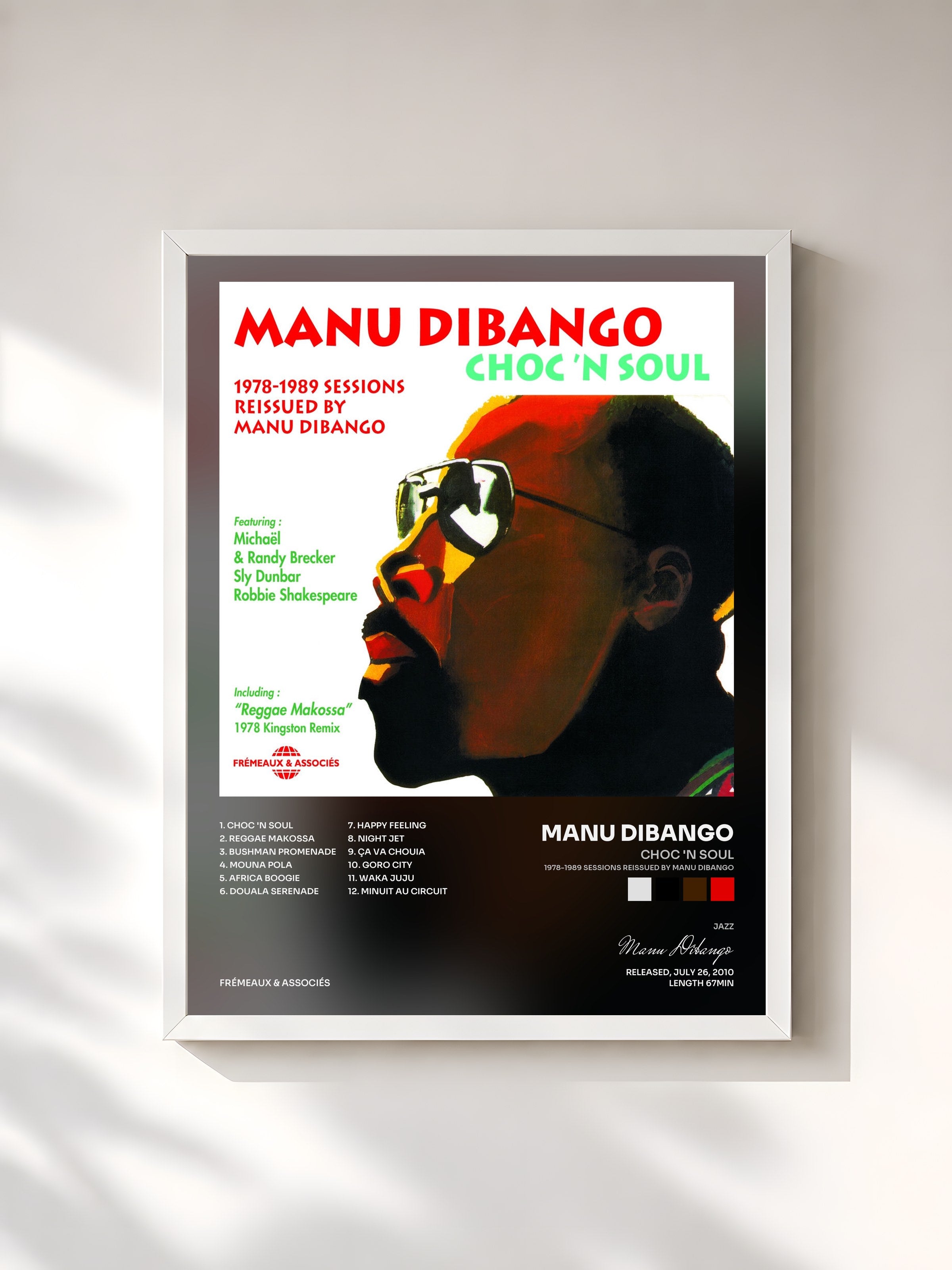 #blanc Tableau de l'album Choc 'n Soul (1978-1989 Sessions Reissued By Manu Dibango) de Manu Dibango, cadre blanc, imprimé et encadré en France