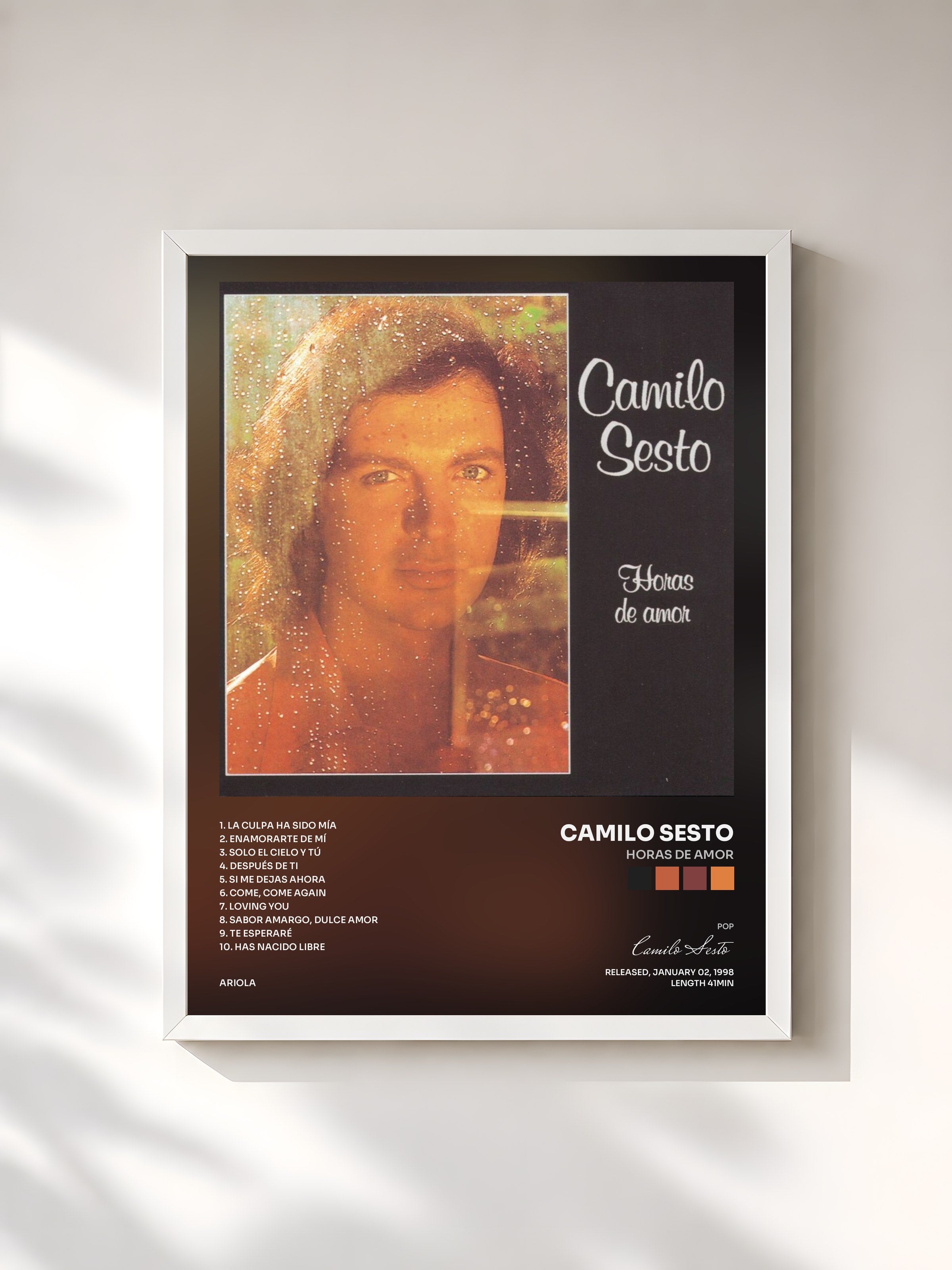 #blanc Tableau de l'album Horas de Amor de Camilo Sesto, cadre blanc, imprimé et encadré en France