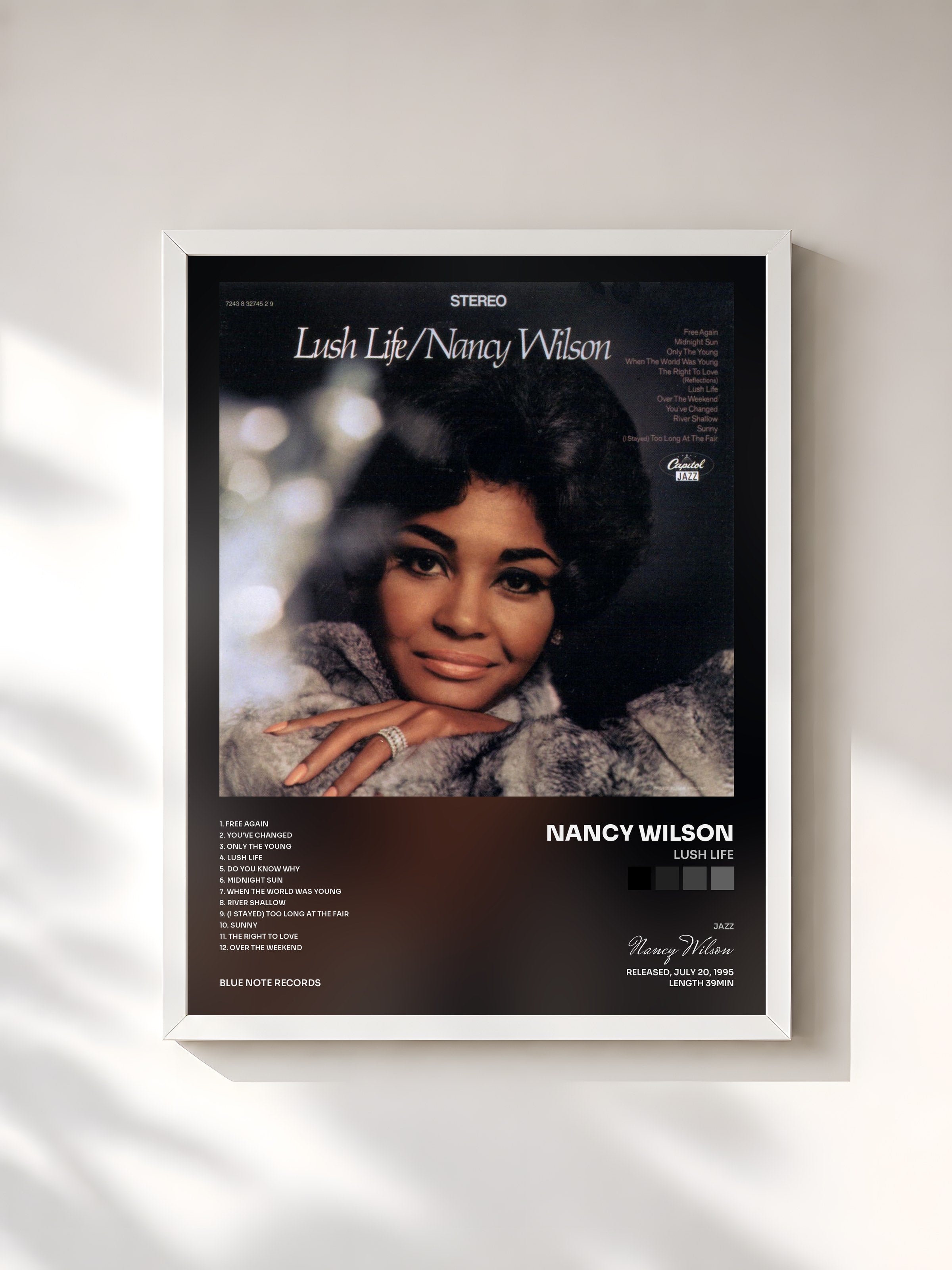 #blanc Tableau de l'album Lush Life de Nancy Wilson, cadre blanc, imprimé et encadré en France