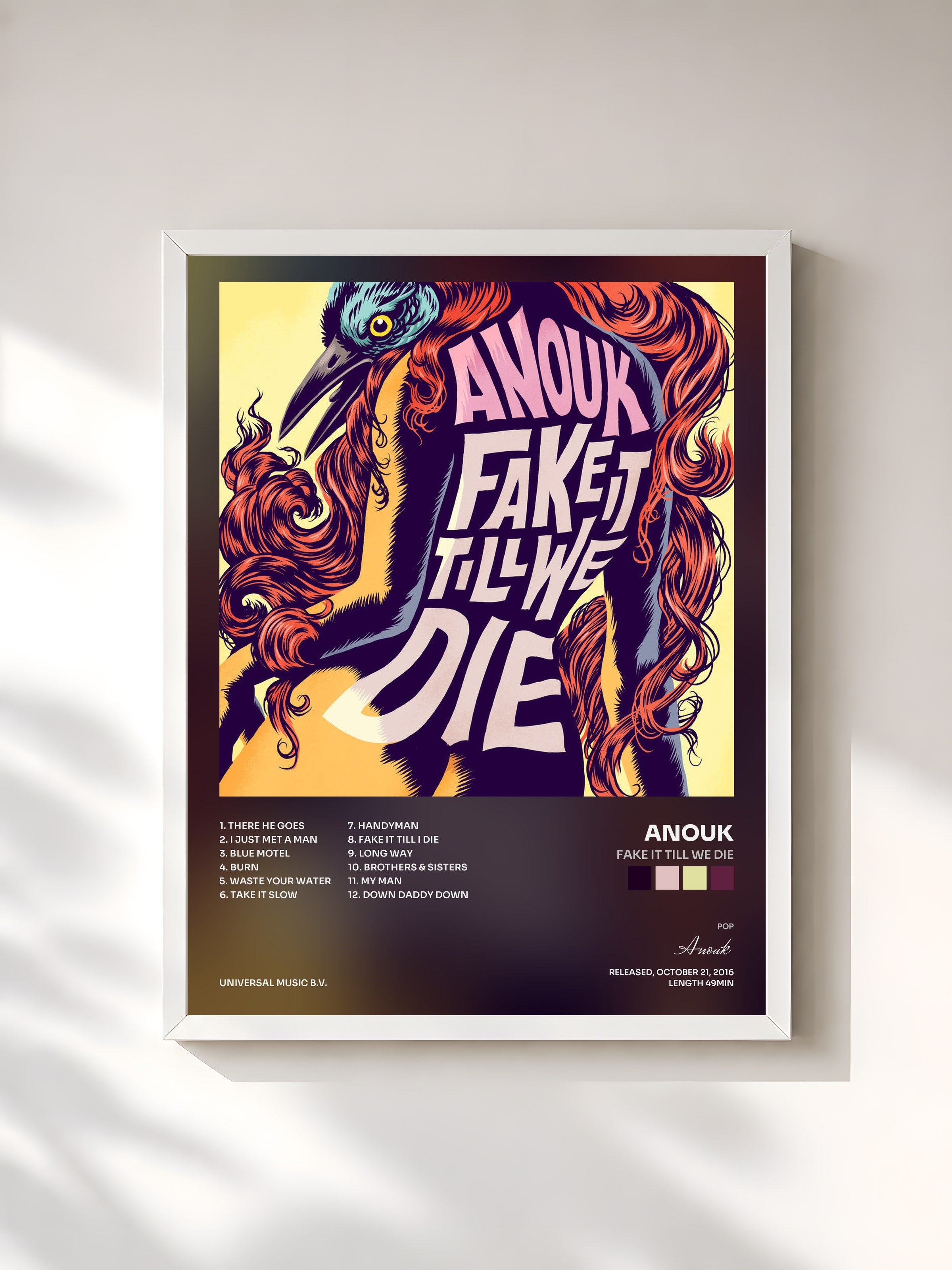 #blanc Tableau de l'album Fake It Till We Die de Anouk, cadre blanc, imprimé et encadré en France