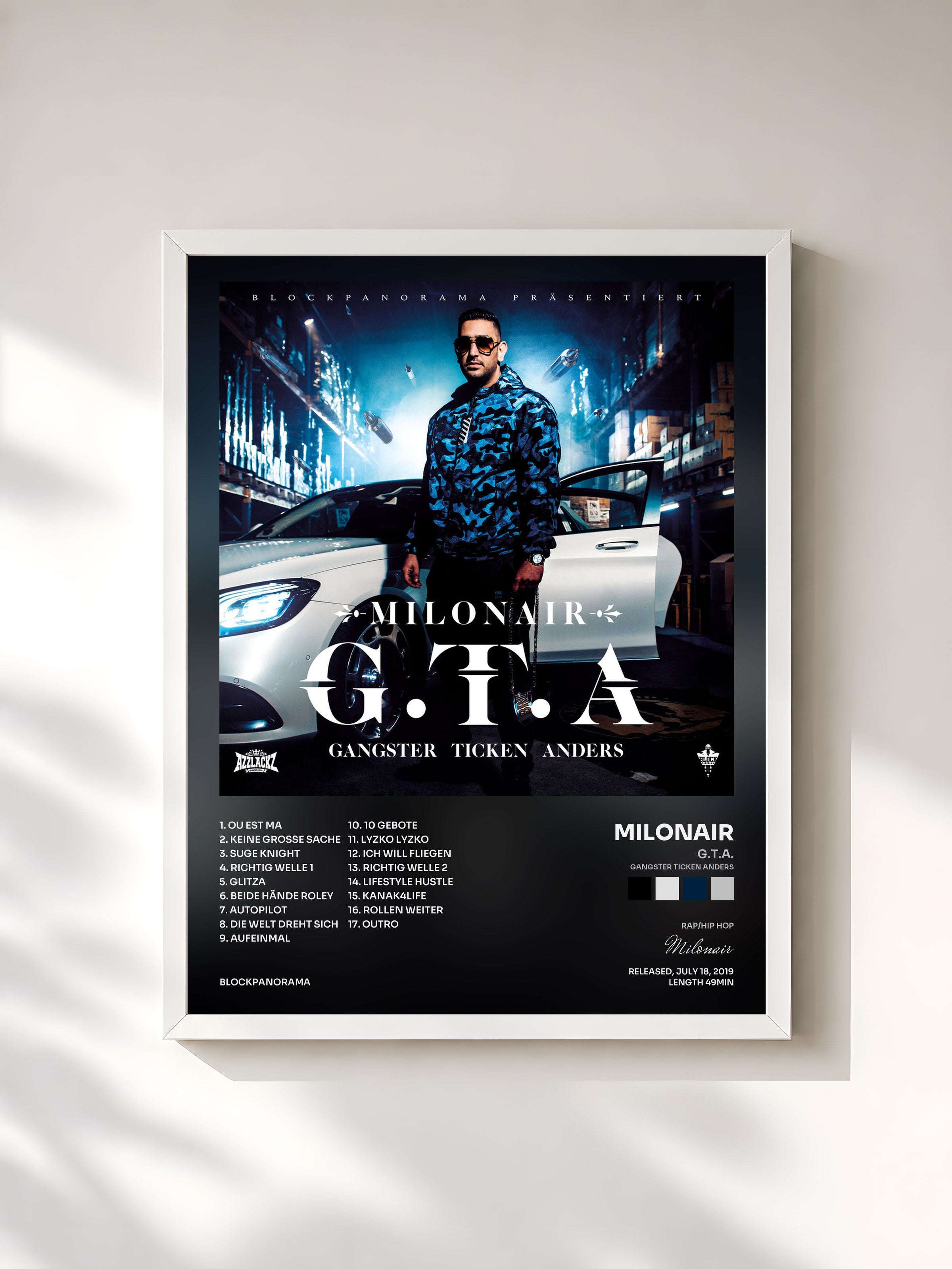 #blanc Tableau de l'album G.T.A. (GANGSTER TICKEN ANDERS) de Milonair, cadre blanc, imprimé et encadré en France